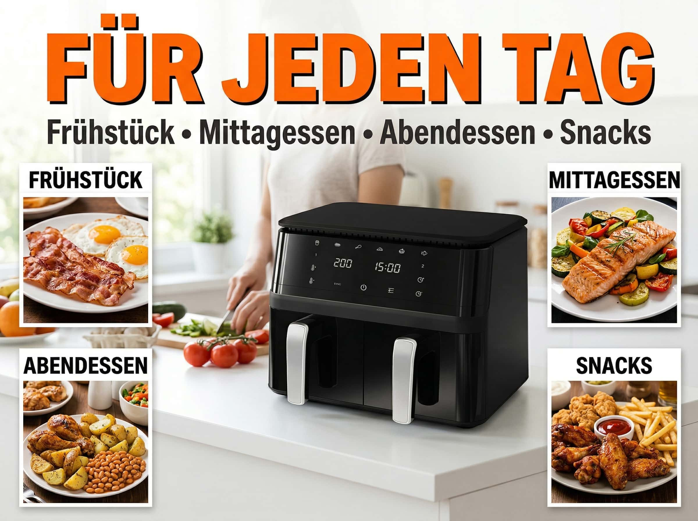 Ein schwarzer Heißluftfritteuse mit Bildern von Frühstück, Mittagessen, Abendessen und Snacks.