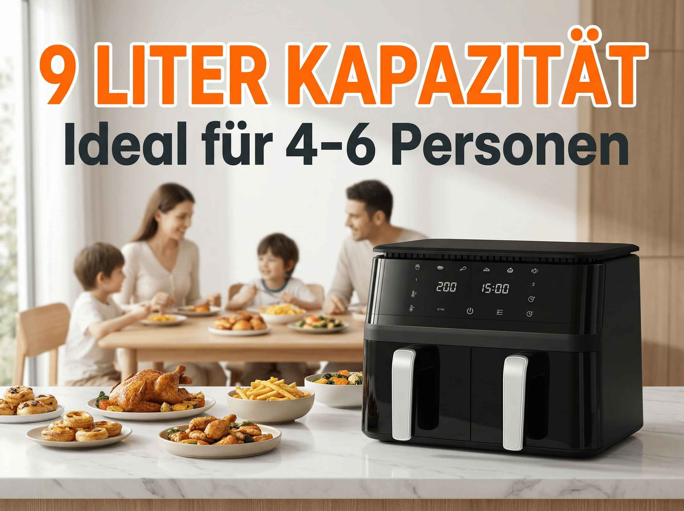Doppel-Heißluftfritteuse mit Speisen und Familie am Tisch im Hintergrund.