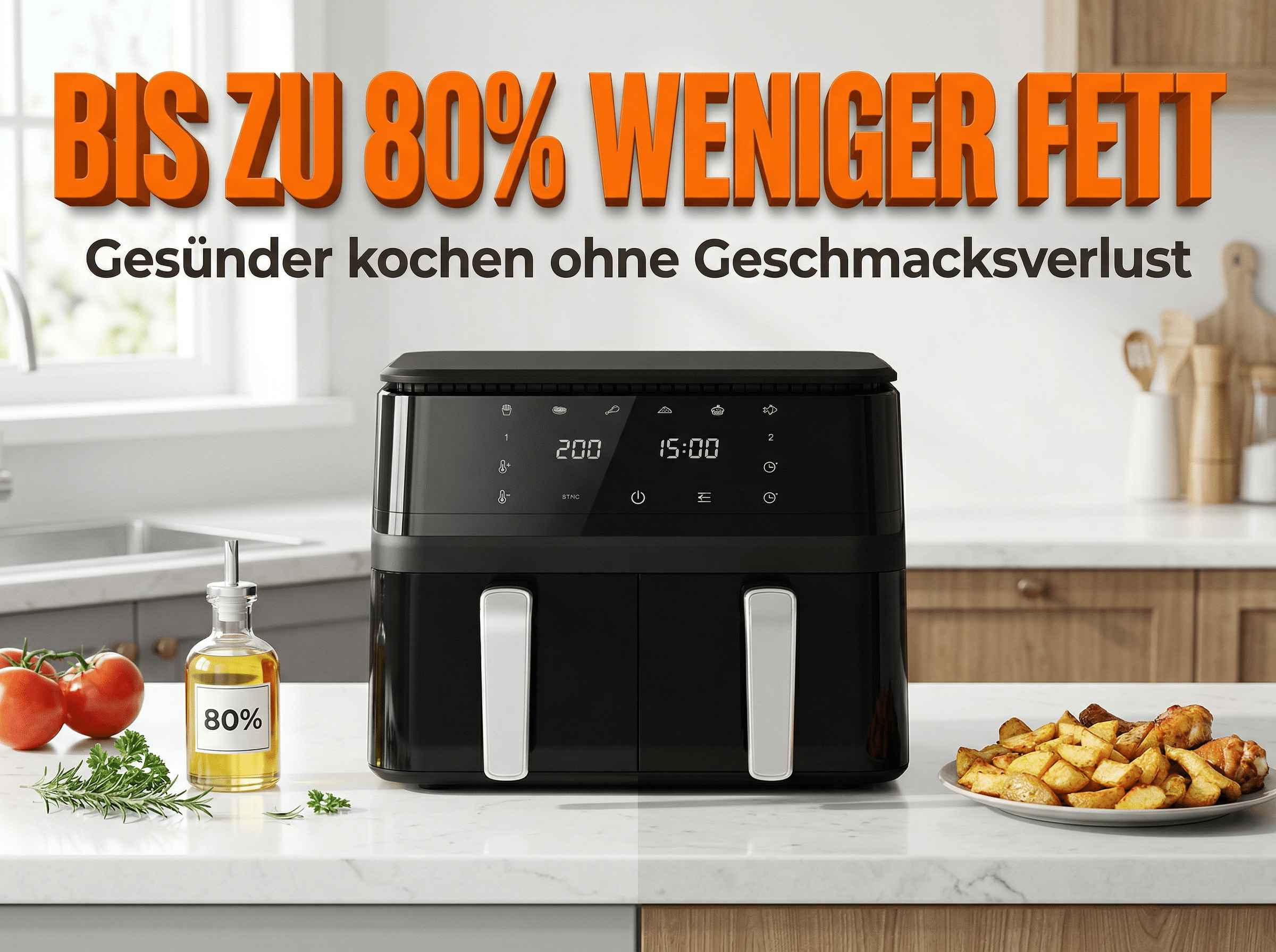 Schwarzer Heißluftfritteuse mit Pommes Frites, Tomaten und Öl. "Bis zu 80% weniger Fett"