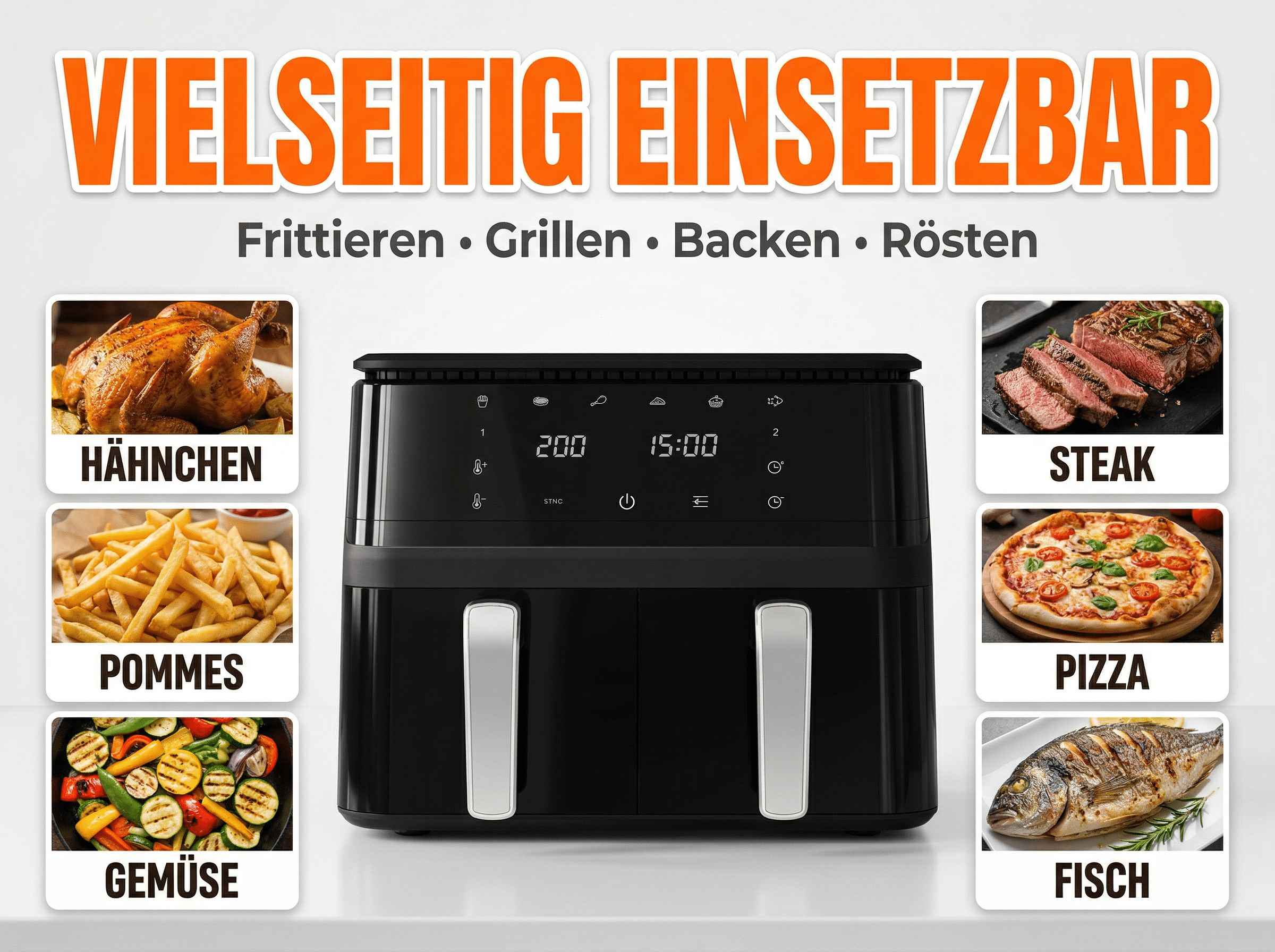 Ein schwarzer Doppel-Heißluftfritteuse mit Bildern von Huhn, Pommes, Gemüse, Steak, Pizza und Fisch.