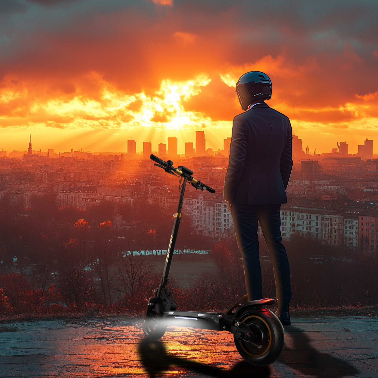 Uomo in abito con casco accanto a monopattino elettrico al tramonto sulla città.