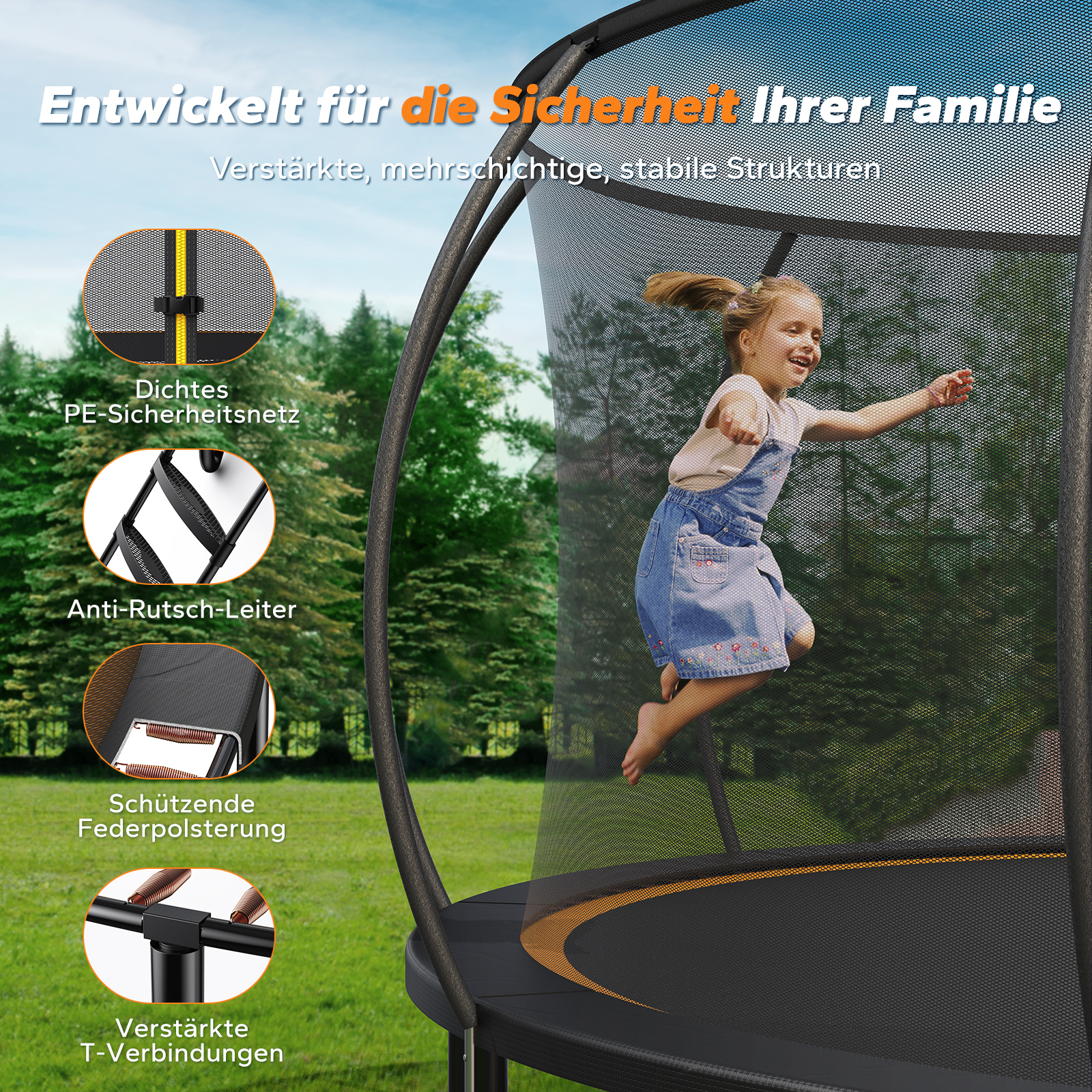 Ein Mädchen springt auf einem Trampolin im Freien. Details zu Netz und Leiter.