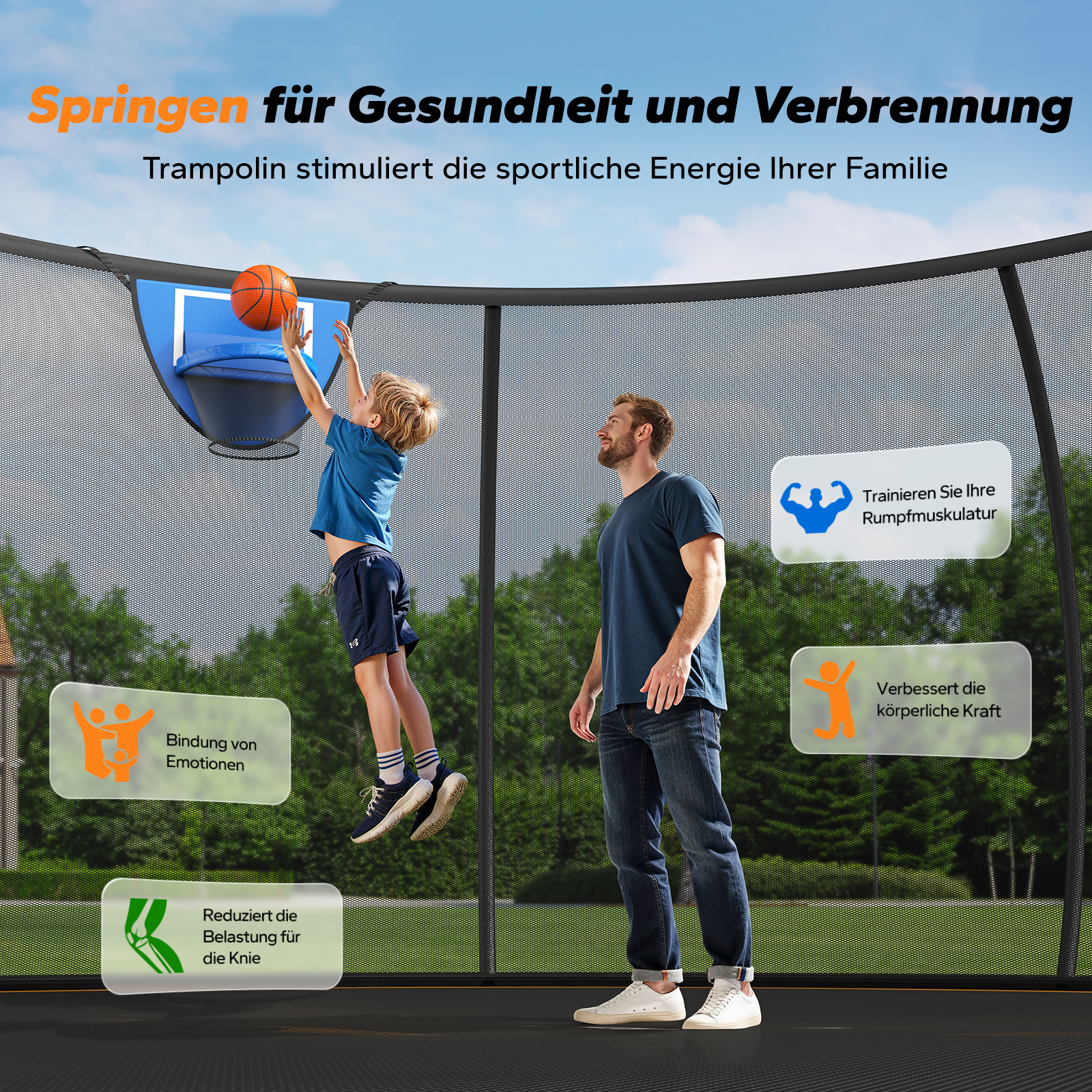 Ein Junge wirft einen Basketball auf ein Trampolin, während ein Mann zusieht. Infoboxen beschreiben Vorteile.