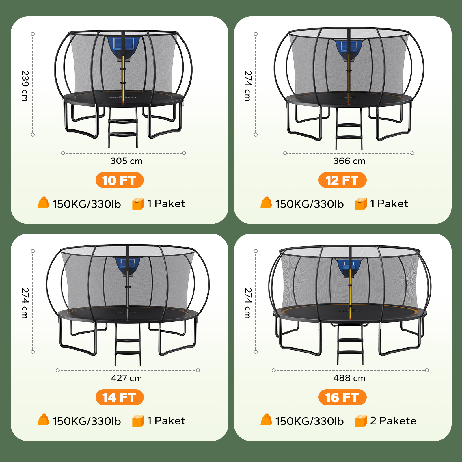 Vier Trampoline verschiedener Größen: 10ft, 12ft, 14ft, 16ft. Max. Belastung 150kg/330lb.