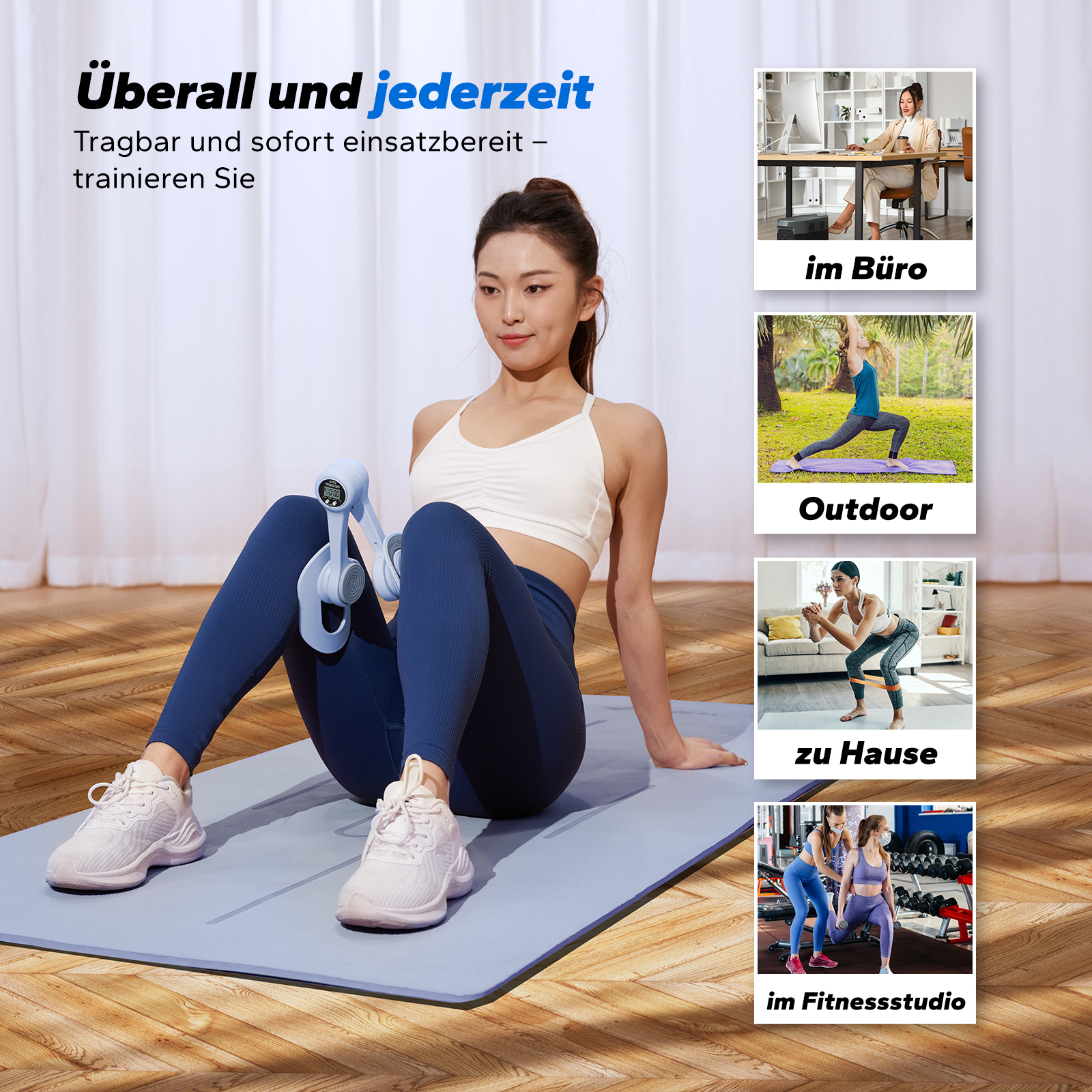 Frau mit Bein trainierer auf Matte, mit Szenen aus Büro, Natur und Studio.