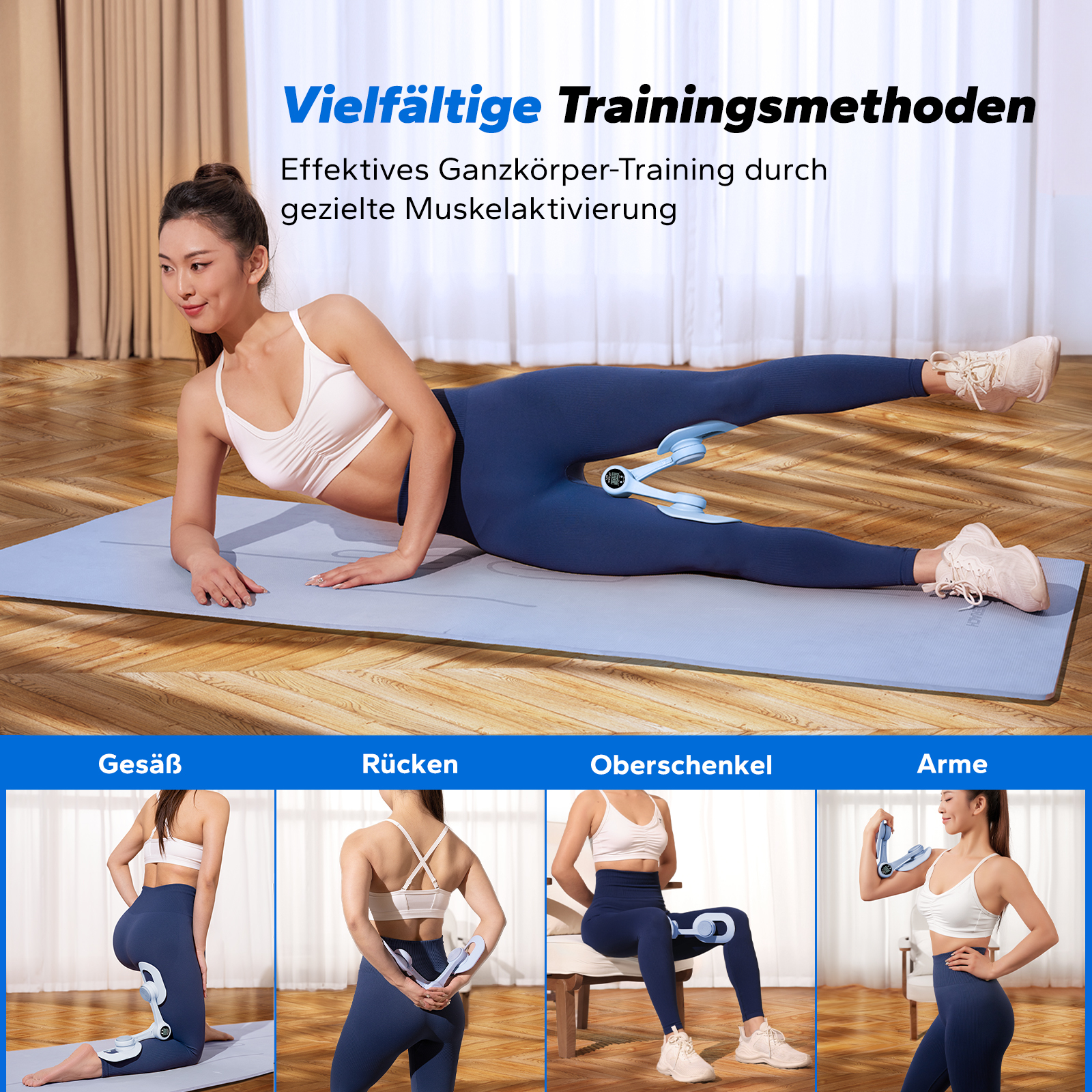 Frau übt mit einem Fitnessgerät für Beine, Rücken und Arme.