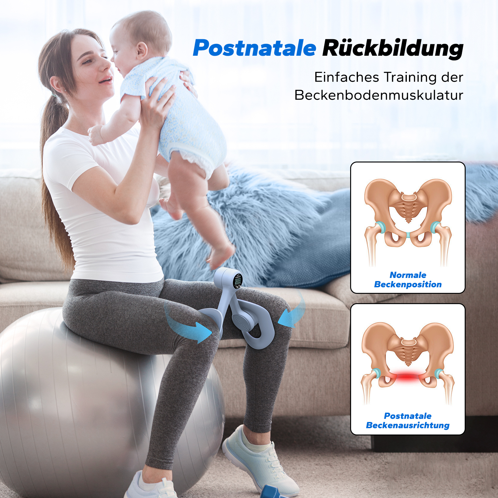 Frau trainiert Beckenboden mit Gerät auf Gymnastikball, hält Baby. Becken-Grafiken daneben.