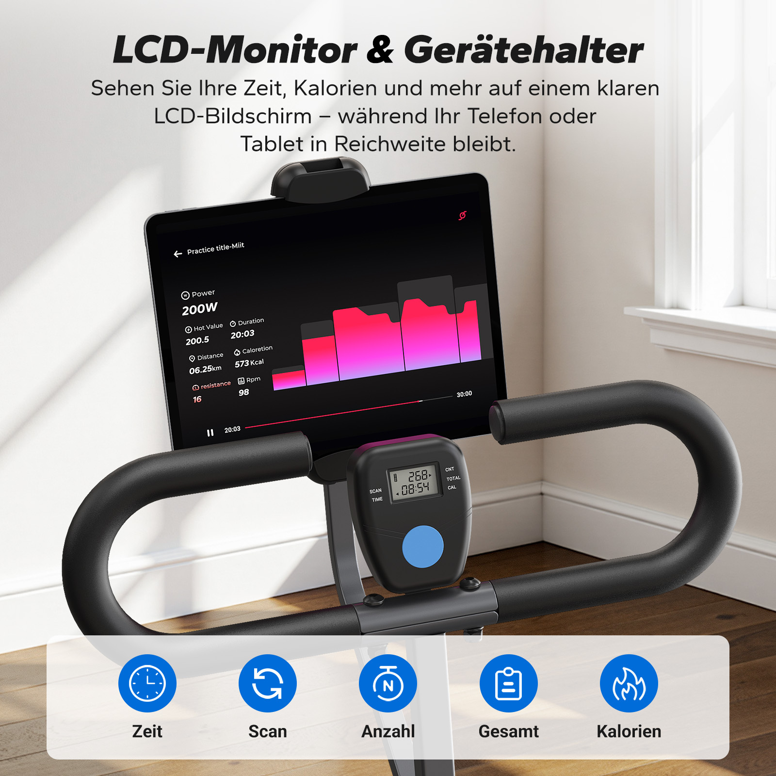 Spinningrad mit LCD-Monitor, der Zeit, Distanz und Kalorien anzeigt.