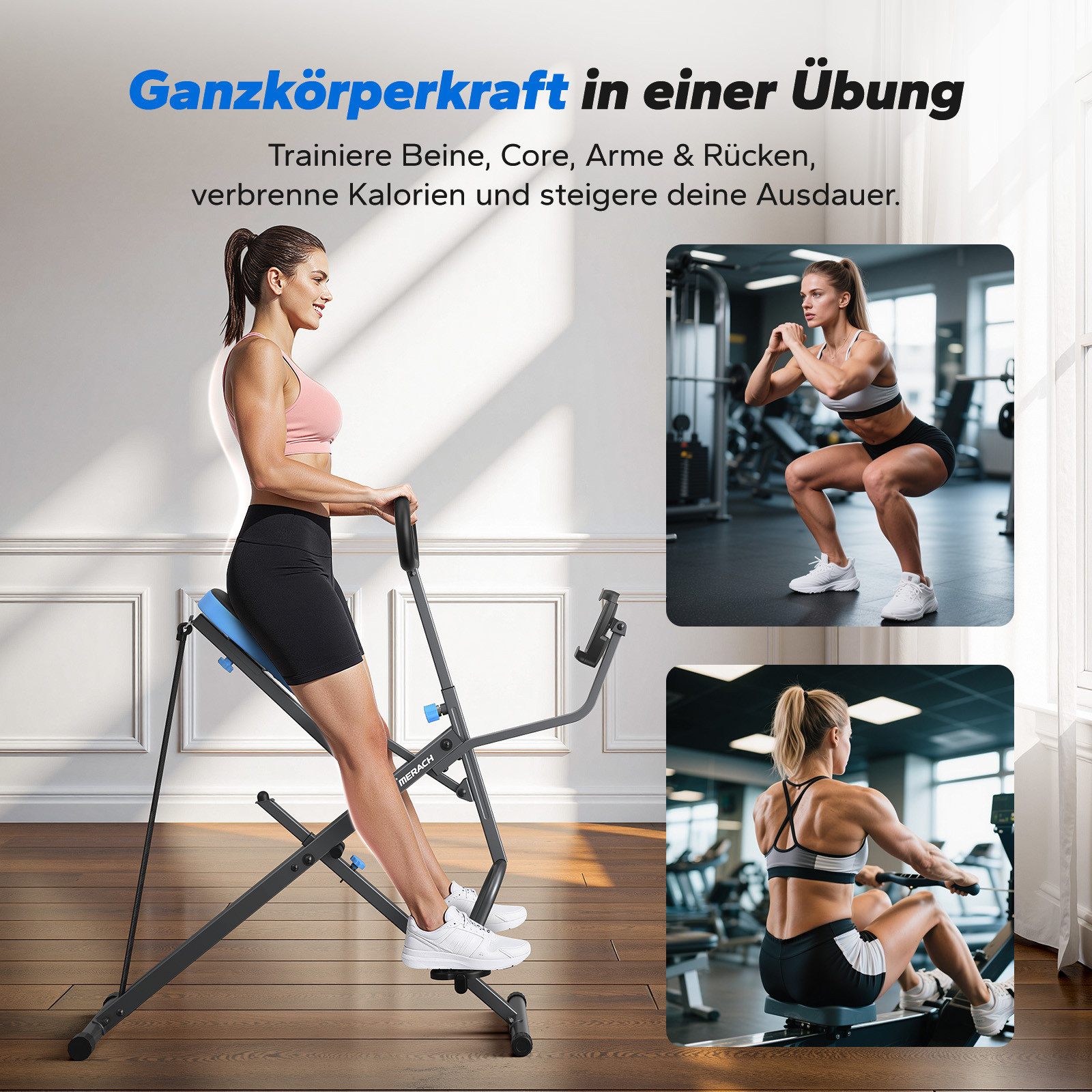 Frau trainiert an einem Heimtrainer, trainiert Beine, Rumpf, Arme & Rücken.