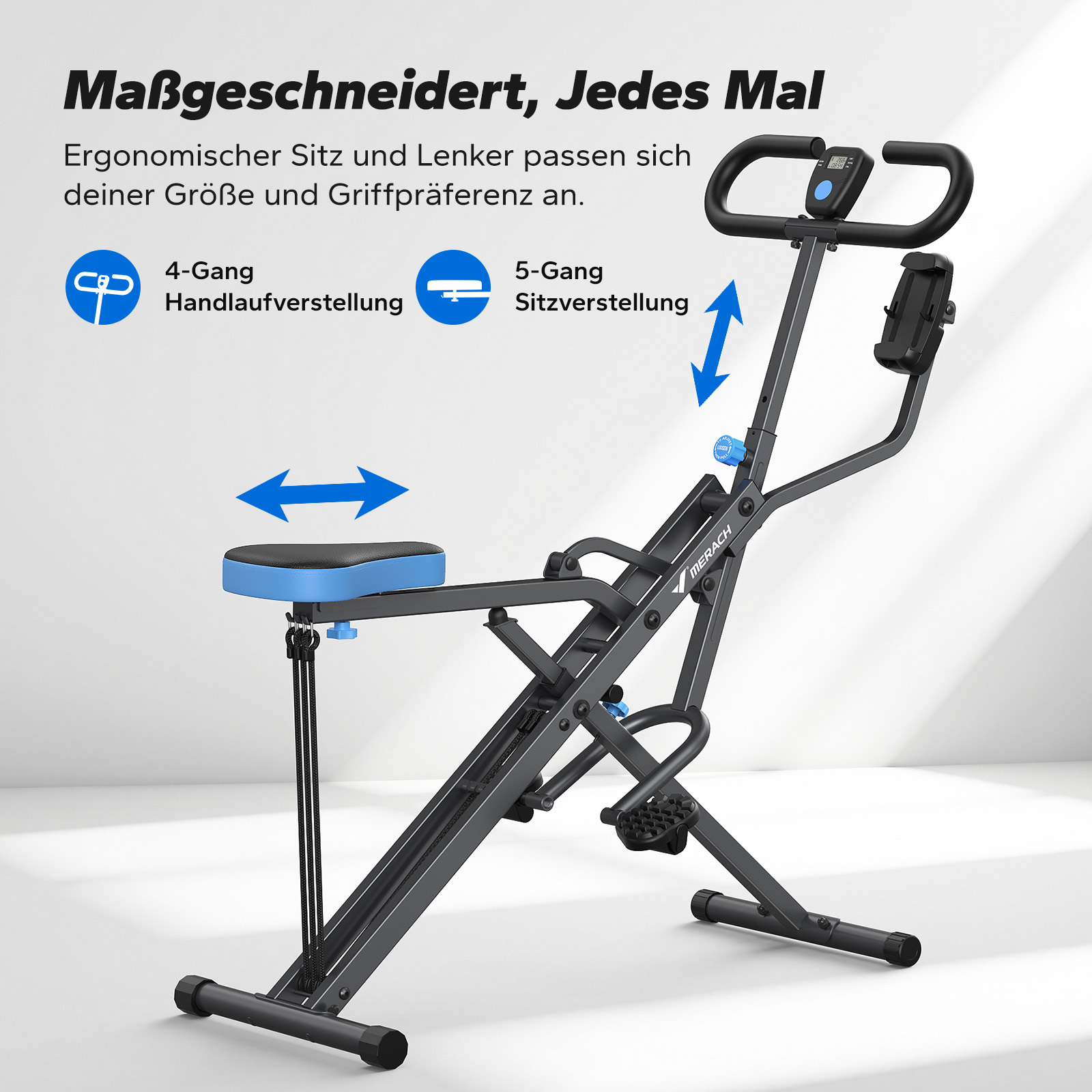 Ein schwarzer Heimtrainer mit blauem Sitz. Verstellbar für Größe und Griffpräferenzen.