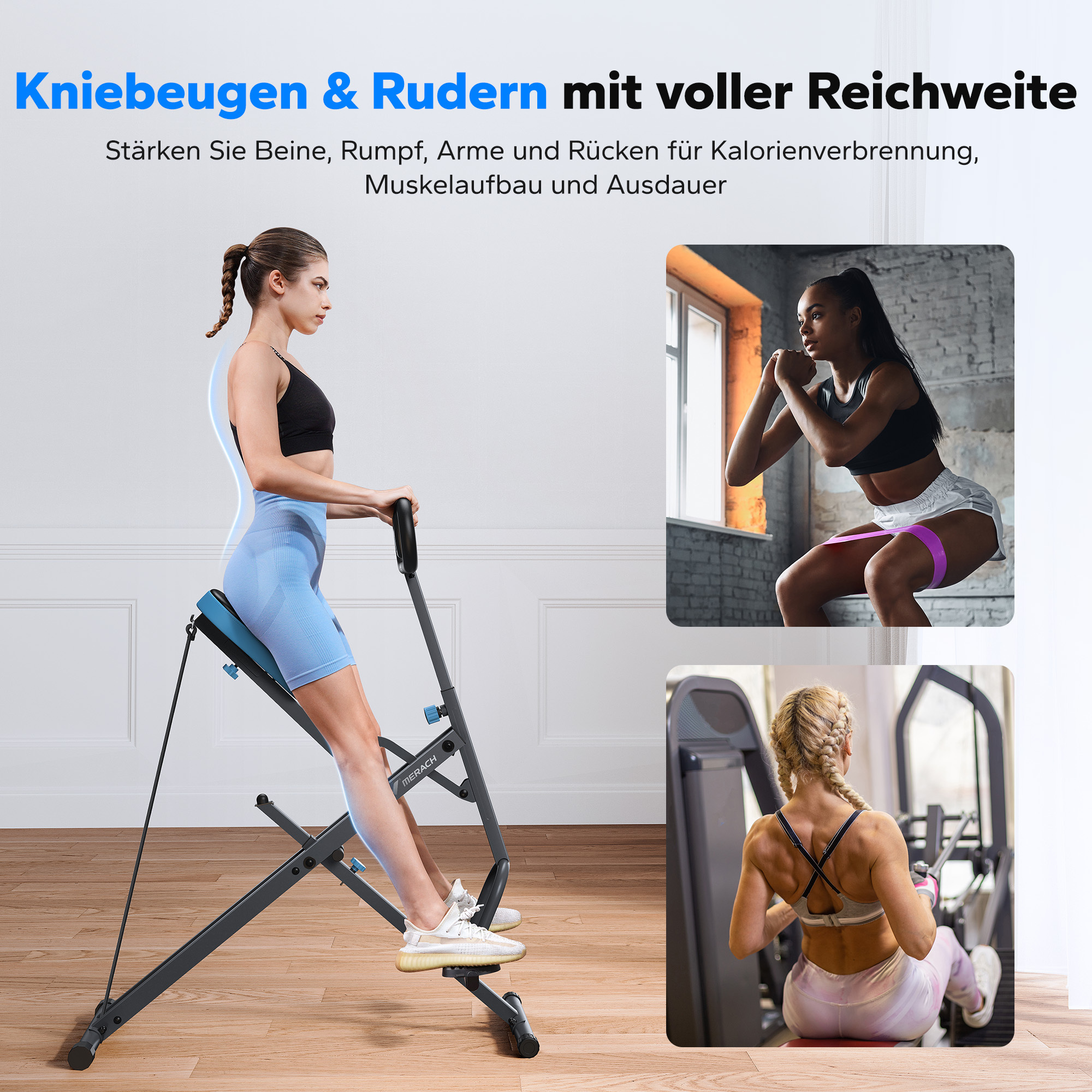 Frau auf Fitnessgerät, Frau macht Kniebeugen, Frau rudert am Gerät.