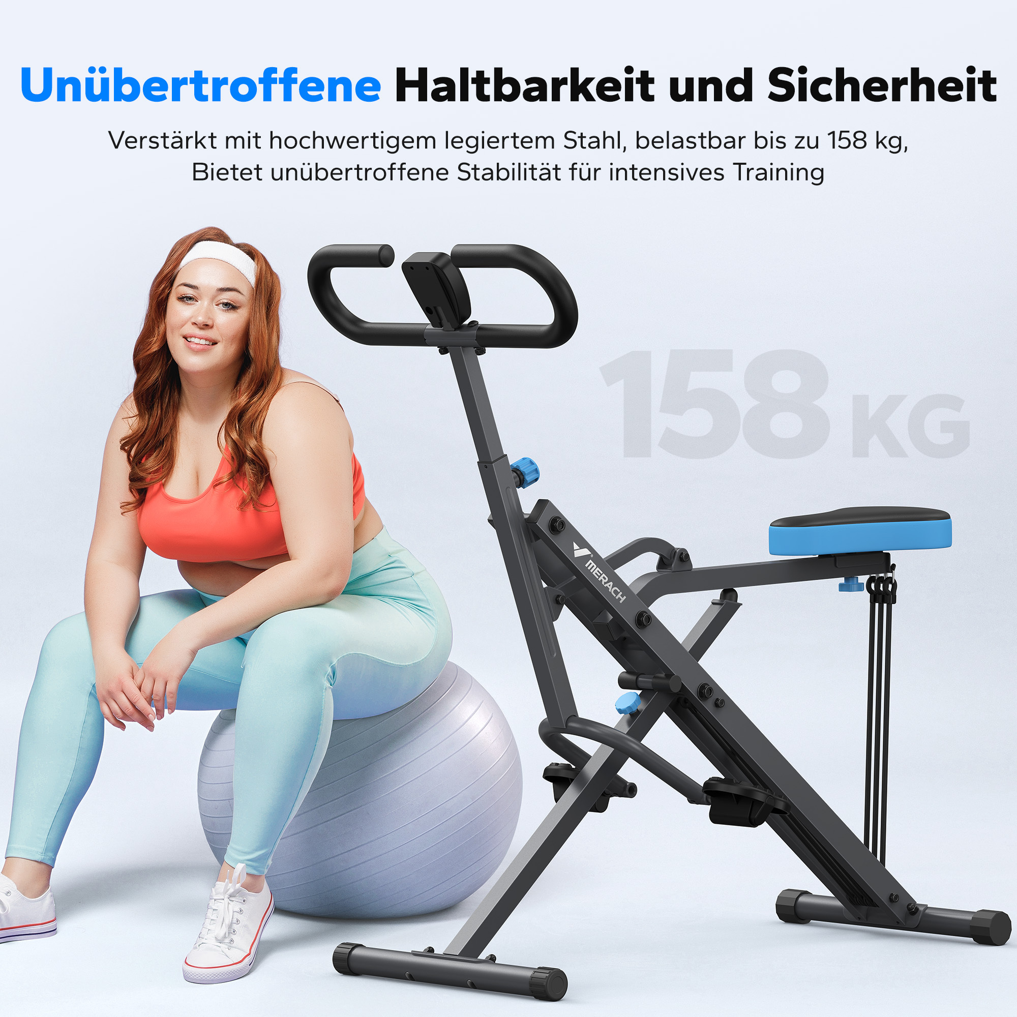 Frau sitzt auf Gymnastikball neben Trainingsgerät, 158kg Kapazität.
