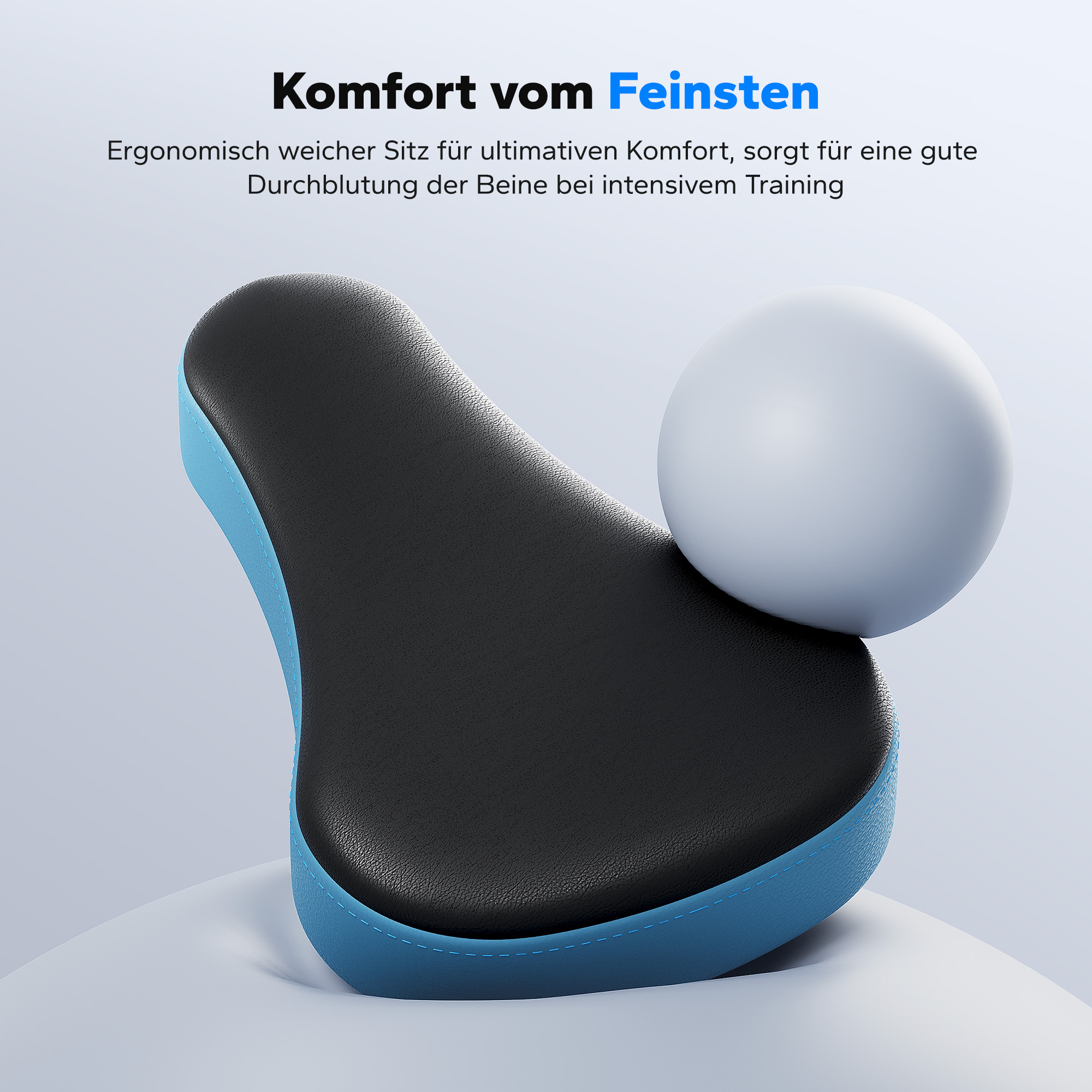 Ein schwarzer und blauer Fahrradsitz mit einer weißen Kugel daneben.