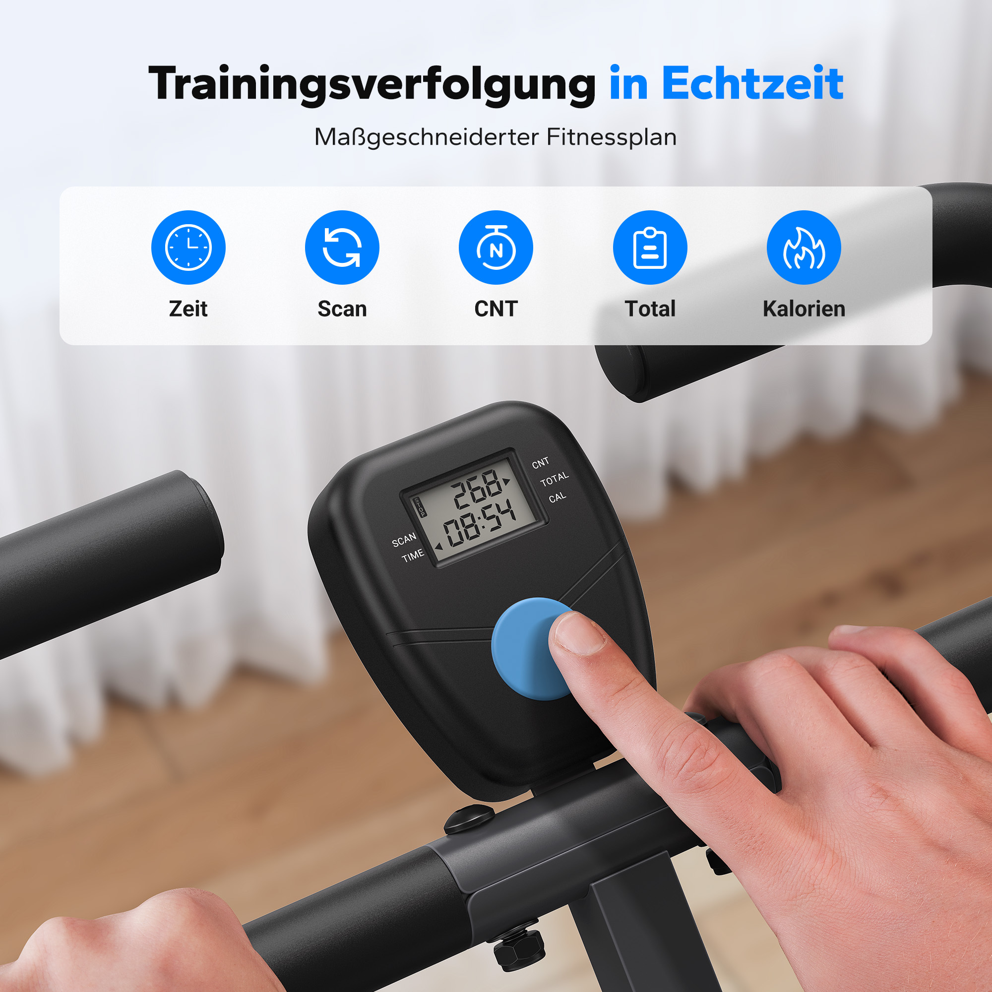 Ein Mann drückt auf das Display eines Trainingsgeräts mit Zeit- und Kalorienanzeige.
