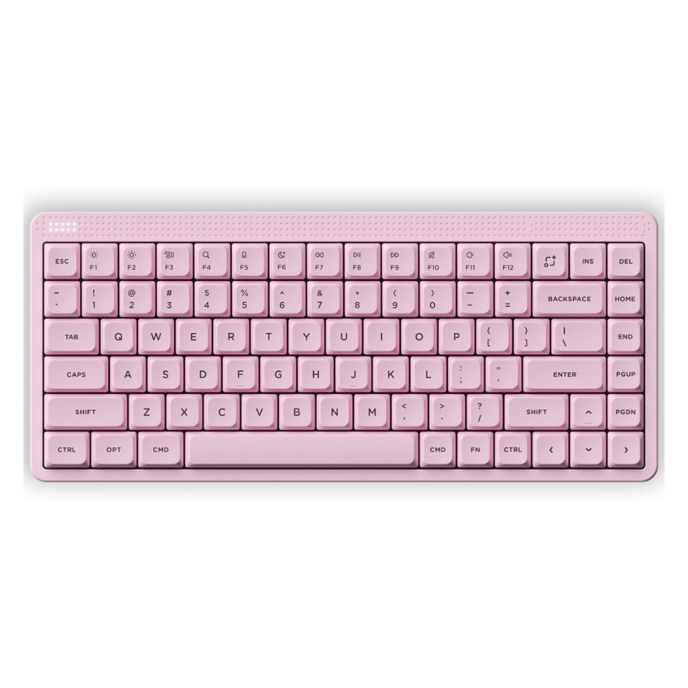 Pastelowo-różowa mechaniczna klawiatura z układem QWERTZ.