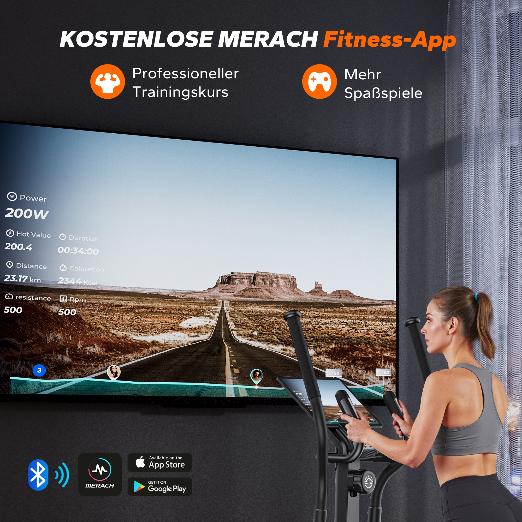 Frau trainiert auf Crosstrainer vor Bildschirm mit Landschaft und Trainingsdaten.