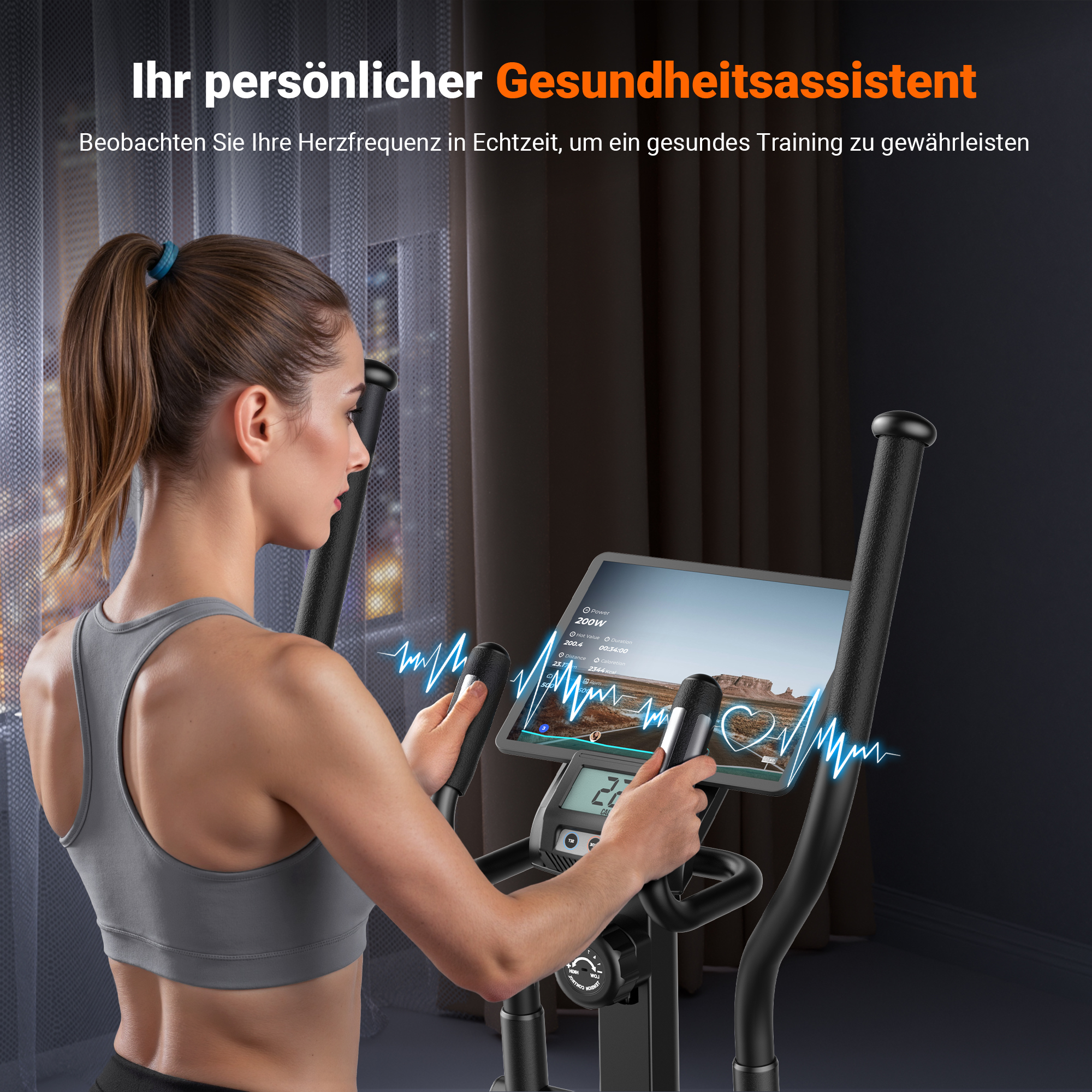 Eine Frau trainiert auf einem Ellipsentrainer, der ihre Herzfrequenz anzeigt.