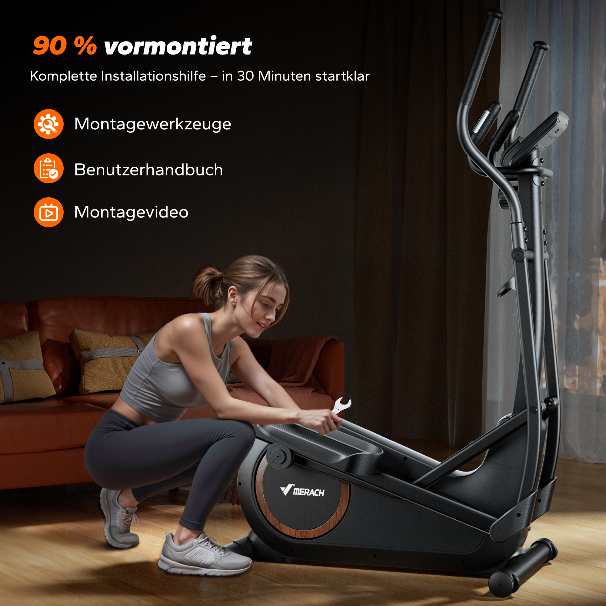 Eine Frau montiert ein schwarzes Ellipsentraining-Gerät mit einem Schraubenschlüssel.