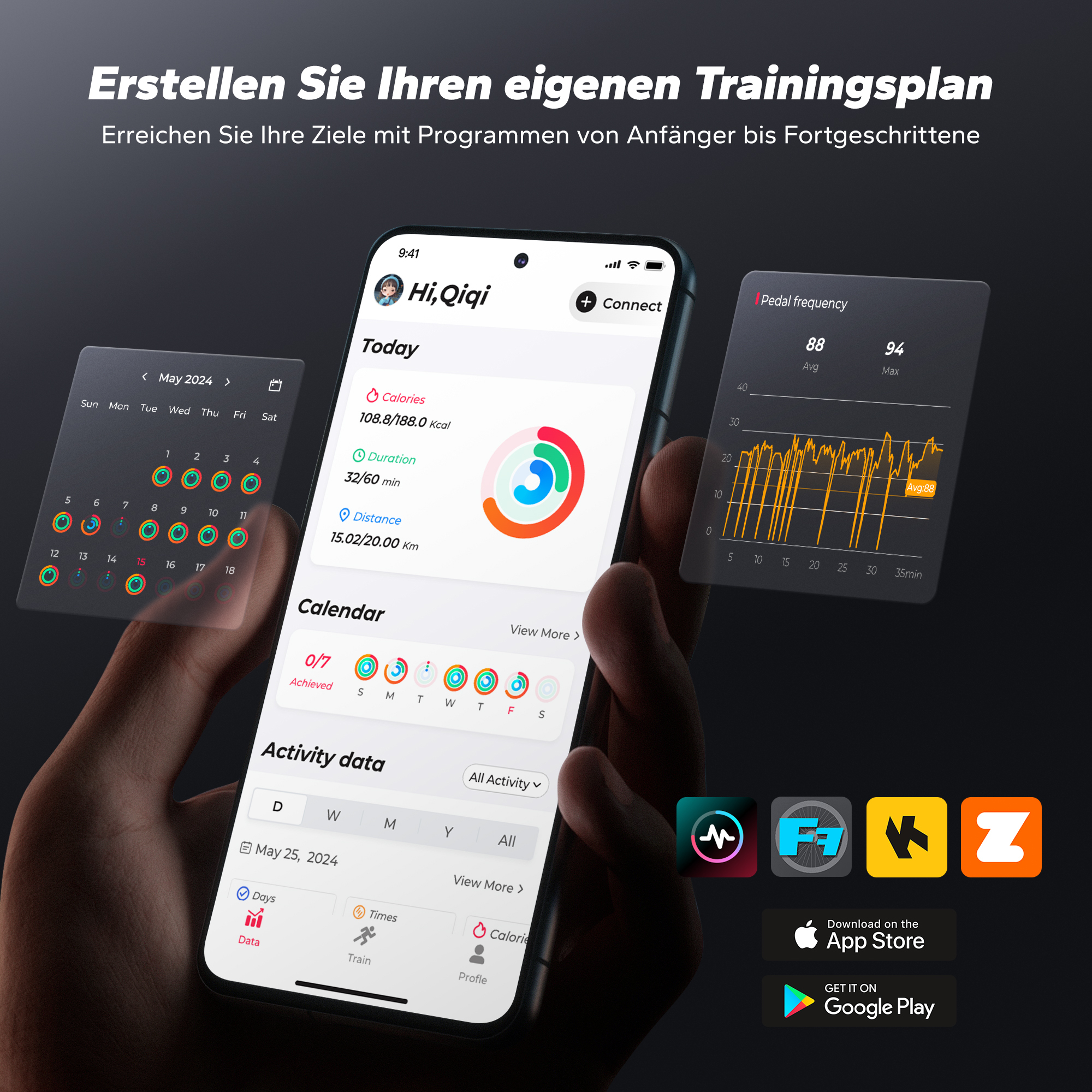 Ein Handy zeigt eine Trainings-App mit Kalender, Aktivitätsdaten und Graphen.