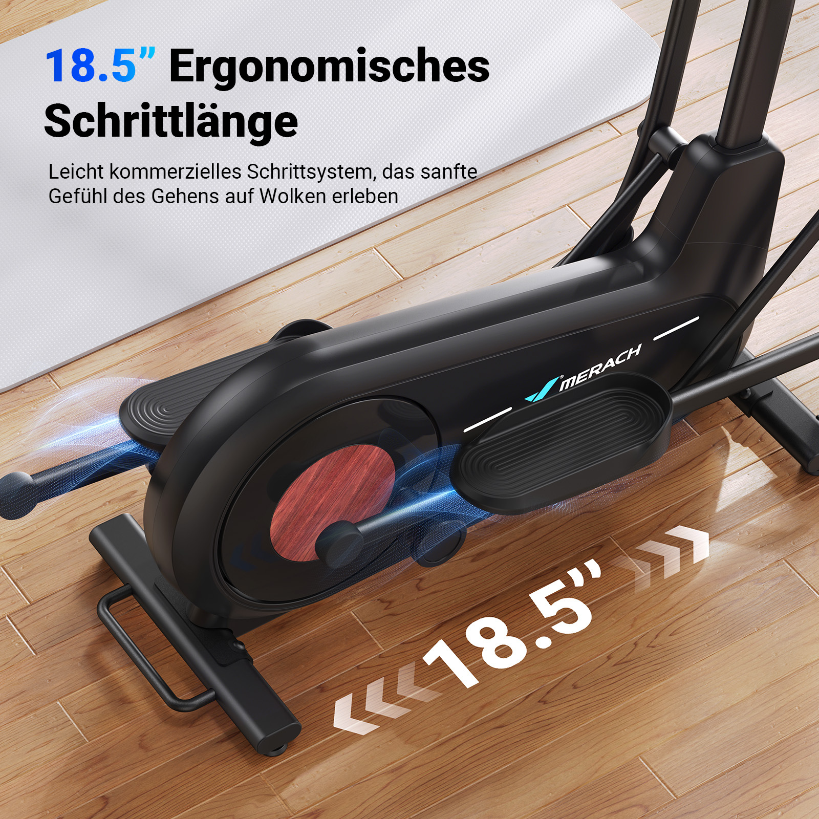 Schwarzer Heimtrainer mit 18,5 Zoll Schrittlänge auf Holzboden.