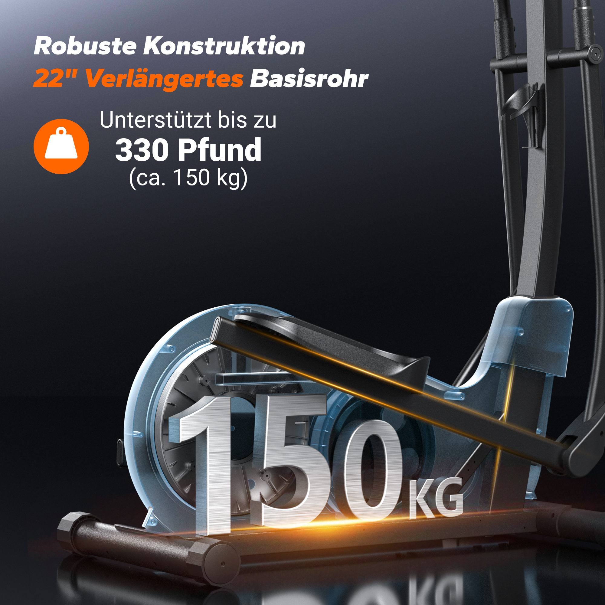 Crosstrainer mit 150 kg Kapazität. Robuste Konstruktion, 22" verlängertes Basisrohr.