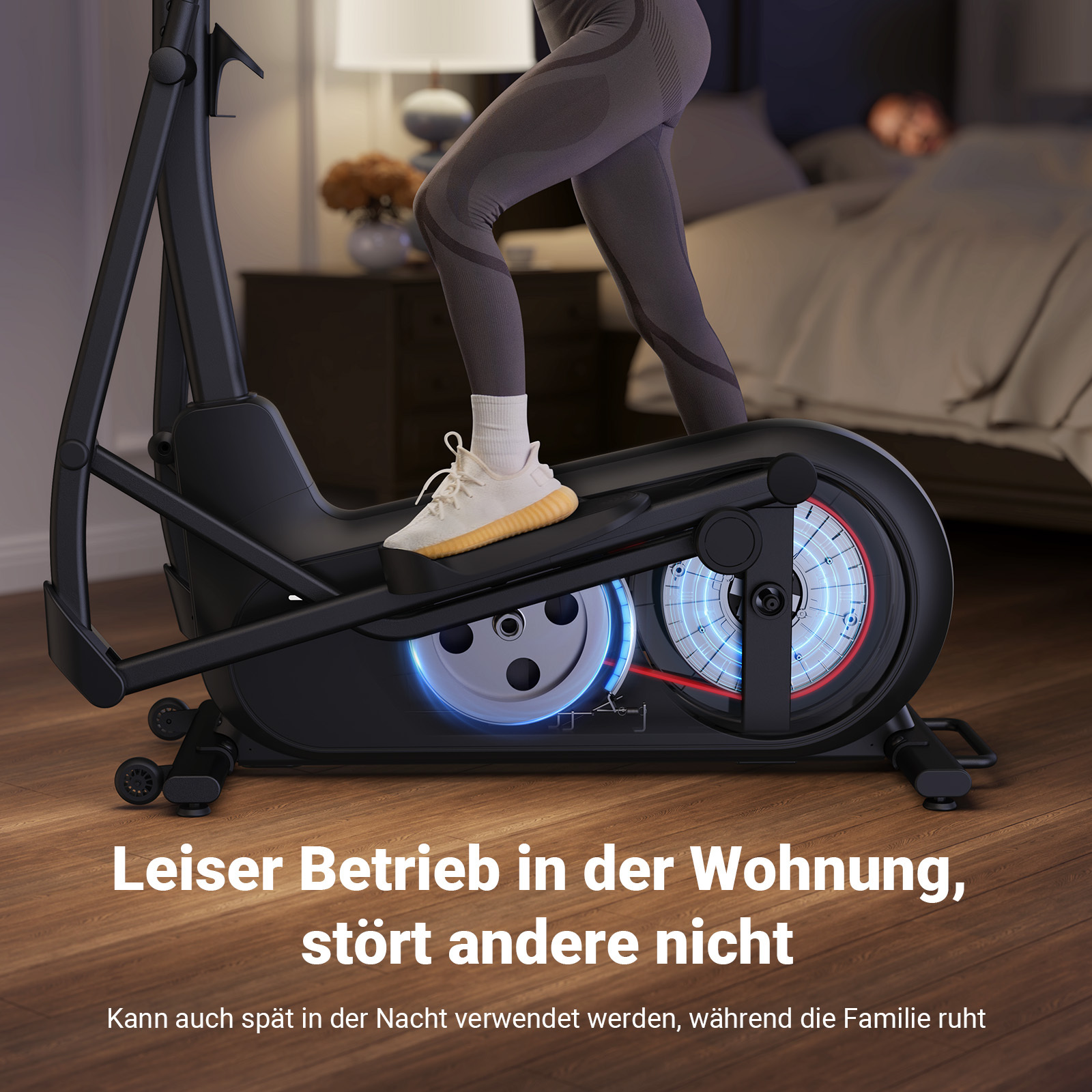 Eine Person trainiert auf einem schwarzen Ellipsentrainer in einem Schlafzimmer.