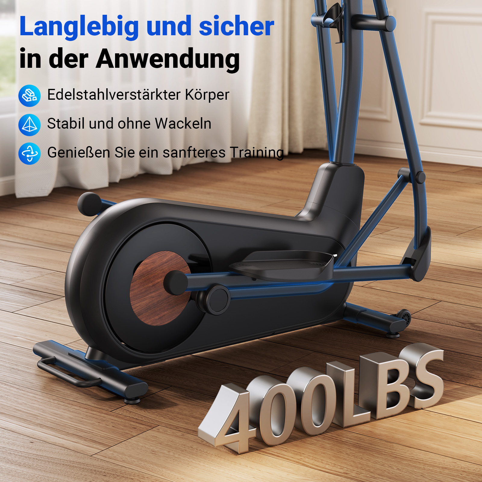 Schwarzer Heimtrainer mit Holzdetail und 400LBS-Aufschrift auf Holzboden.