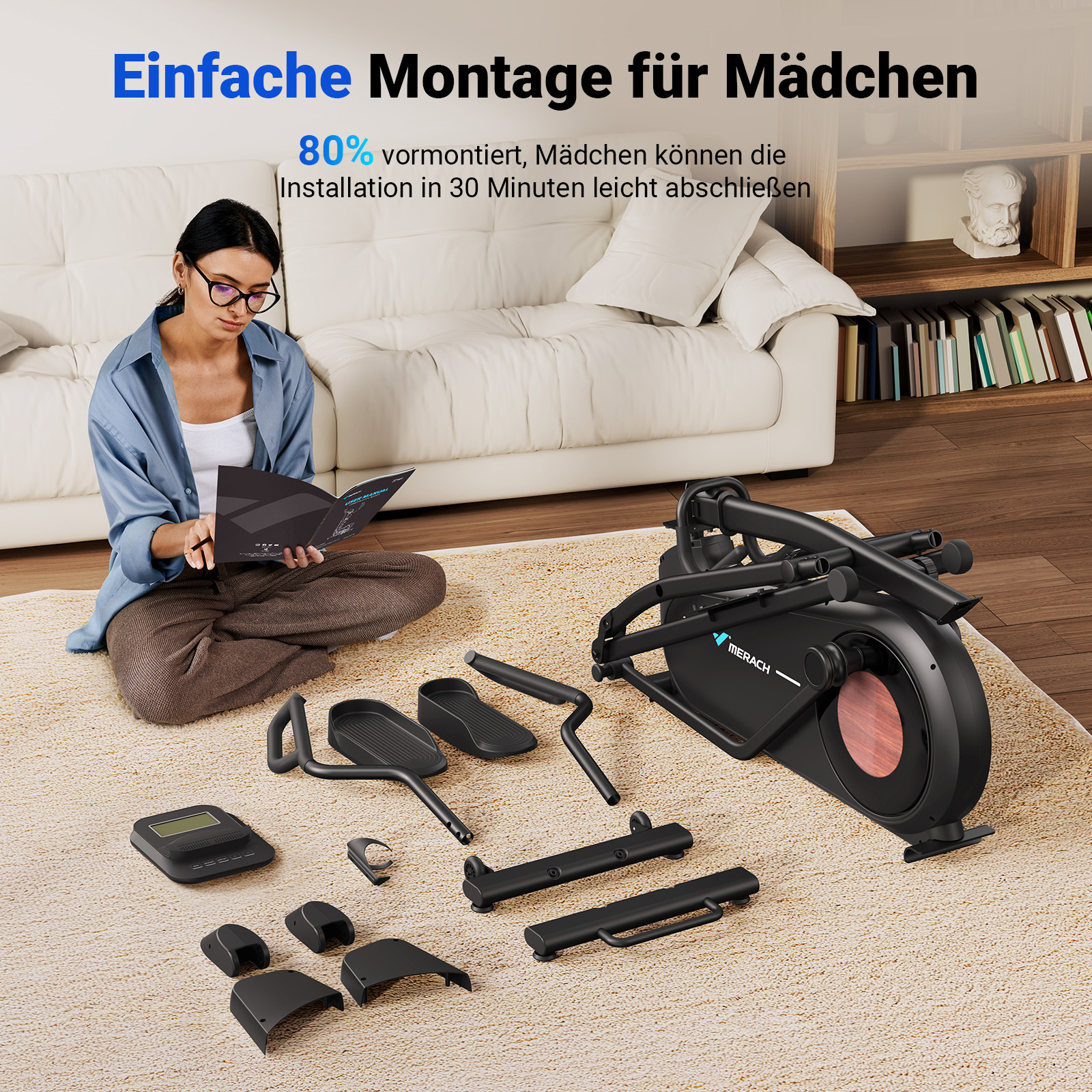 Frau liest Anleitung für Ellipsentrainer auf Teppich, Teile ausgebreitet.