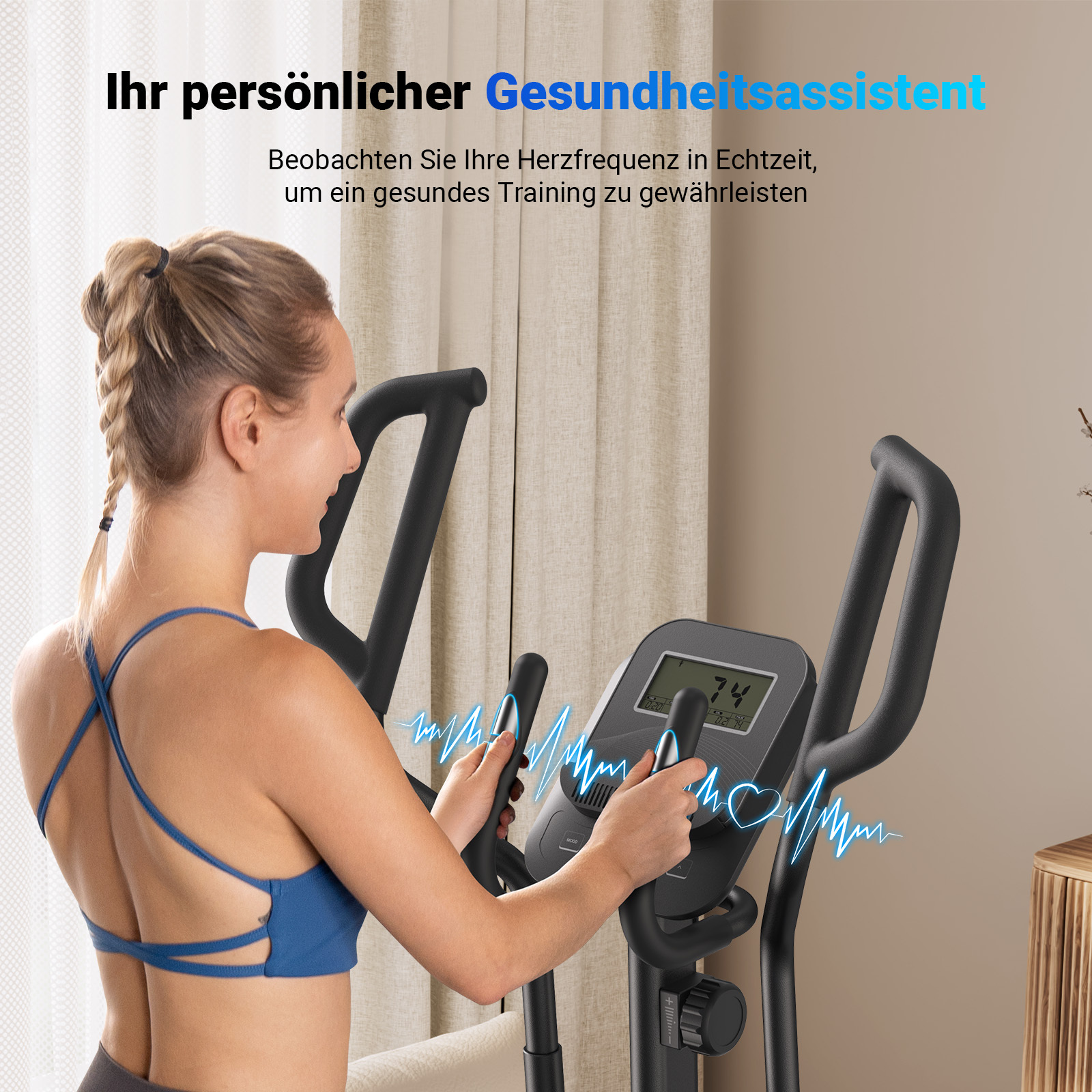 Frau trainiert auf Ellipsentrainer, Herzfrequenzanzeige auf dem Display.
