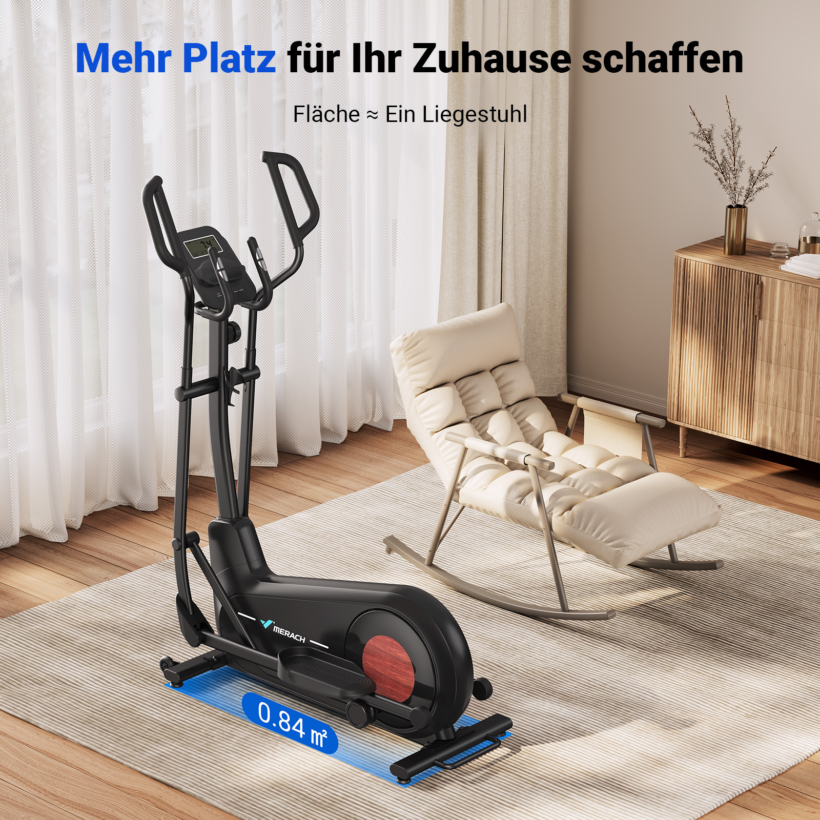Ein schwarzes Ellipsentrainer steht auf einem Teppich vor einem Liegestuhl.