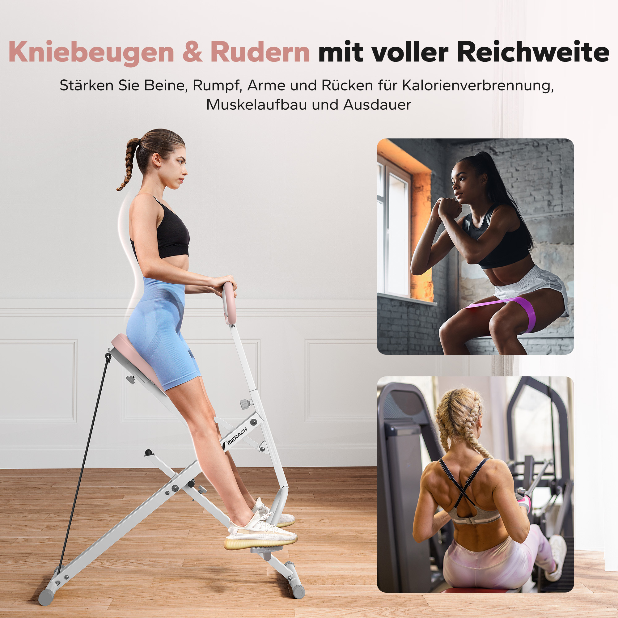 Frau trainiert auf einem Heimtrainer, eine andere macht Kniebeugen, eine dritte rudert.