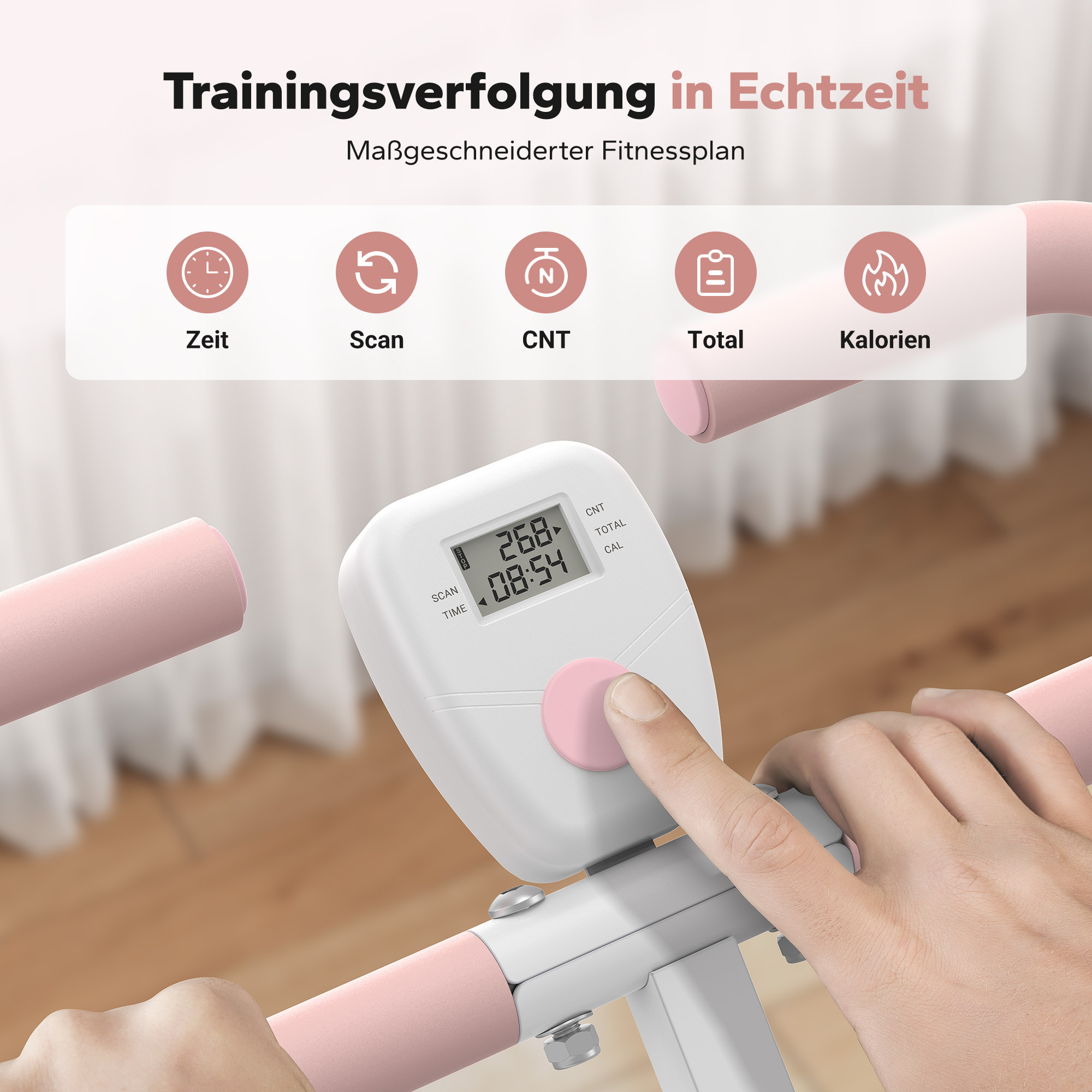 Ein Finger drückt auf den Knopf eines Fitnessgeräts mit Display. Icons zeigen Zeit, Scan, CNT, Total, Kalorien.