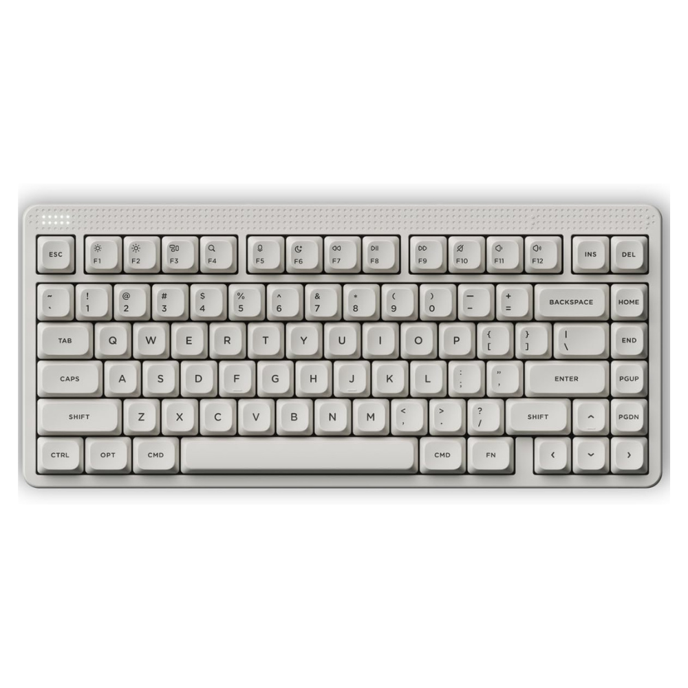 Biała klawiatura z układem QWERTZ i srebrnymi klawiszami.