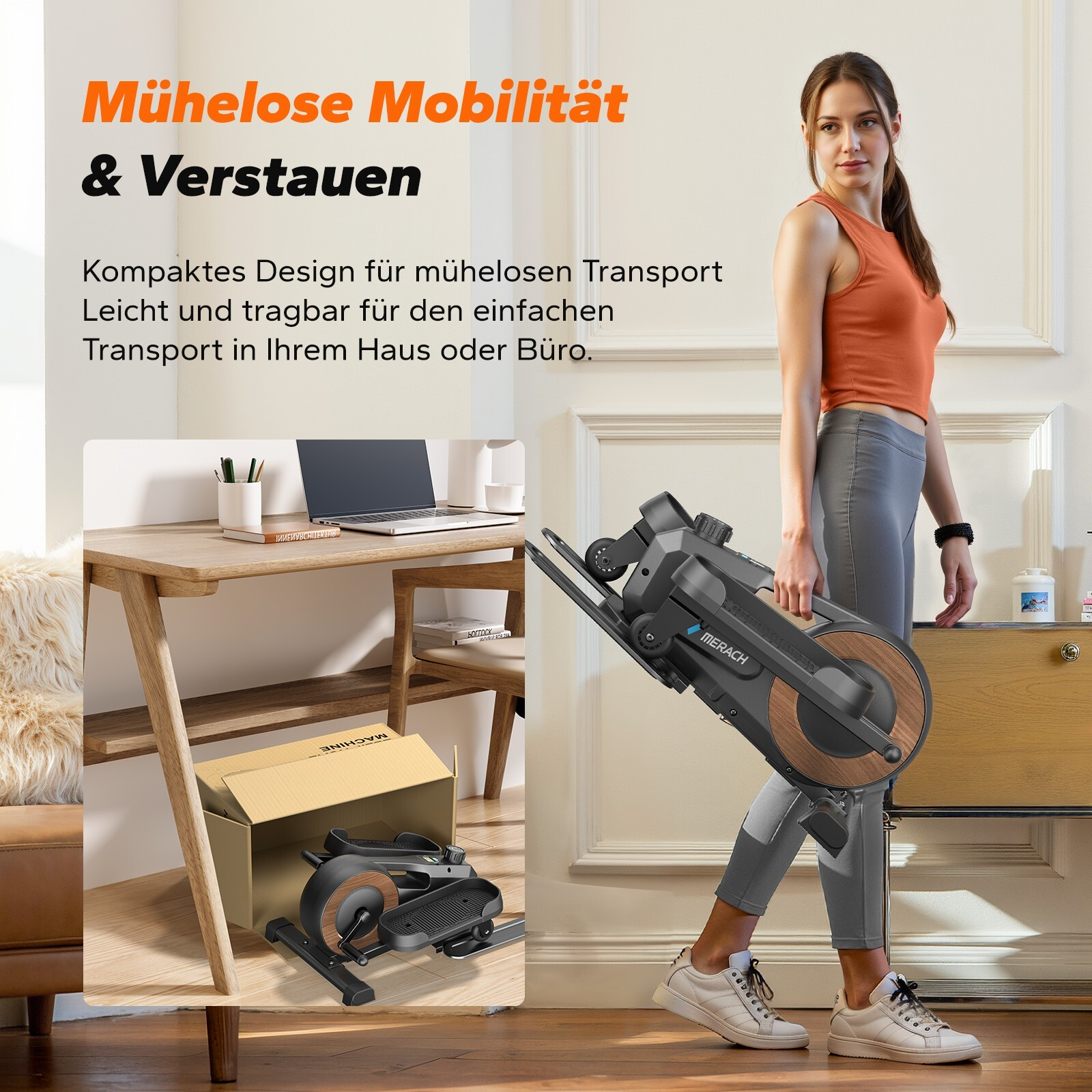 Frau trägt ein faltbares Heimtrainingsgerät. daneben ein Schreibtisch und ein Auspackbereich.
