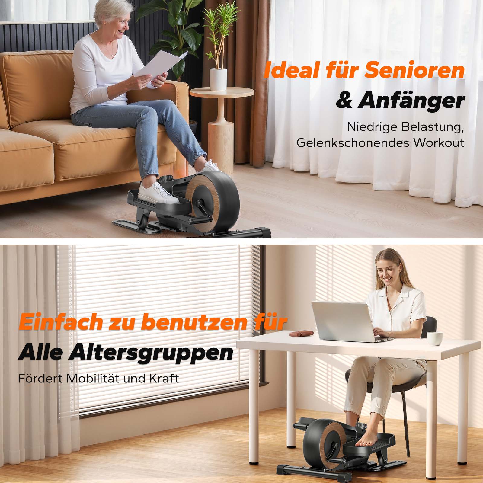 Oben: Seniorin auf Sofa, unten: Frau am Schreibtisch, beide mit Fitnessgerät.