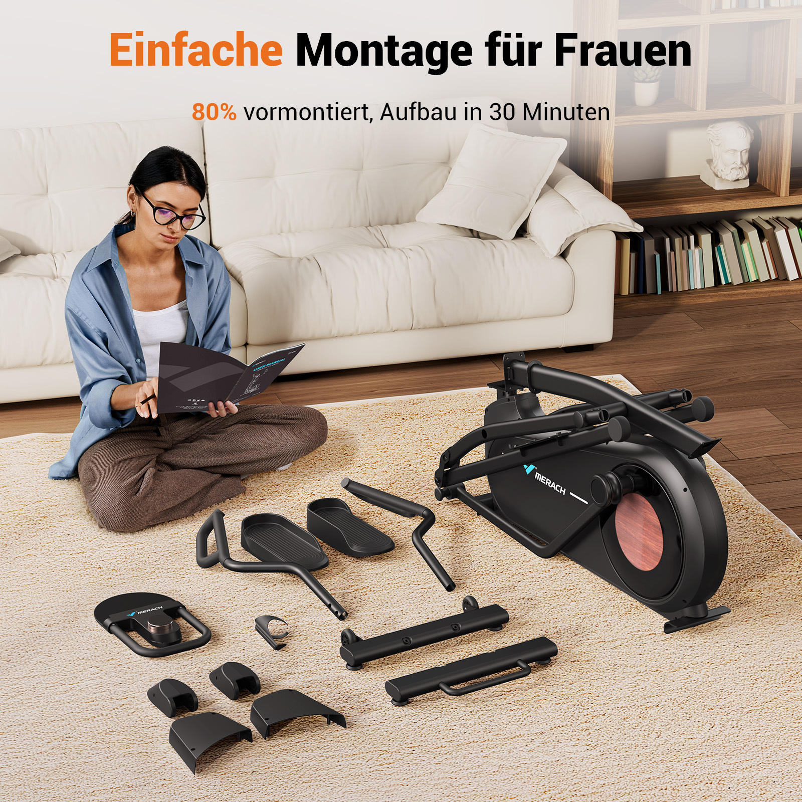 Frau liest Anleitung für Heimtrainer auf Teppichboden, Teile liegen verstreut.
