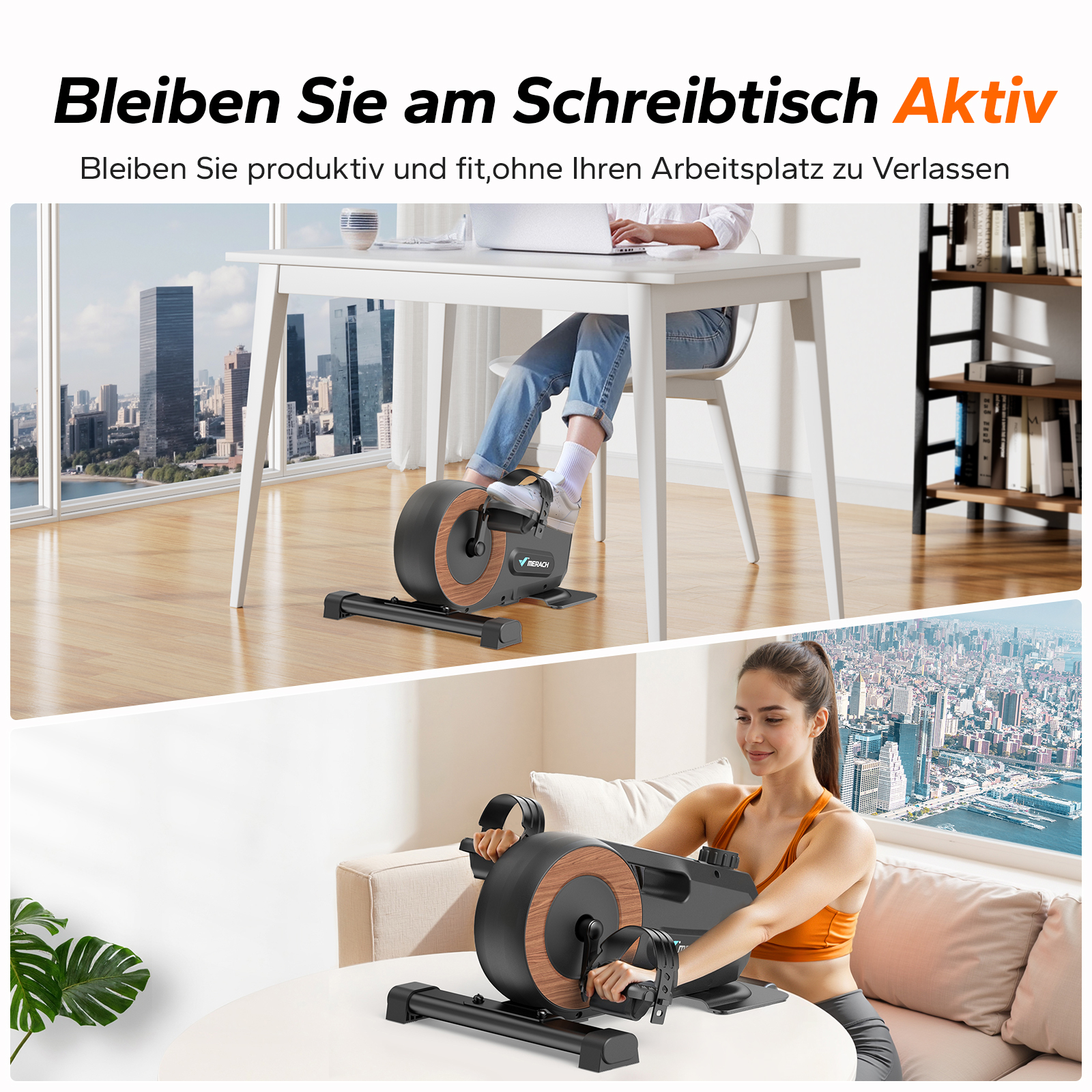 Frau trainiert am Schreibtisch und zuhause mit einem Heimtrainer.