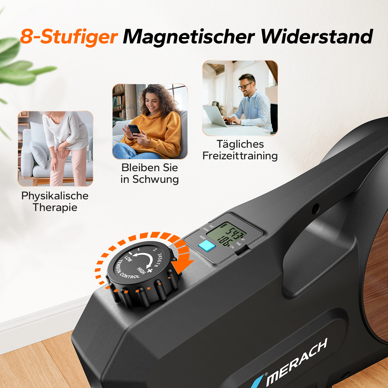 8-stufige Magnetwiderstandseinheit mit Anzeige und Einstellknopf.
