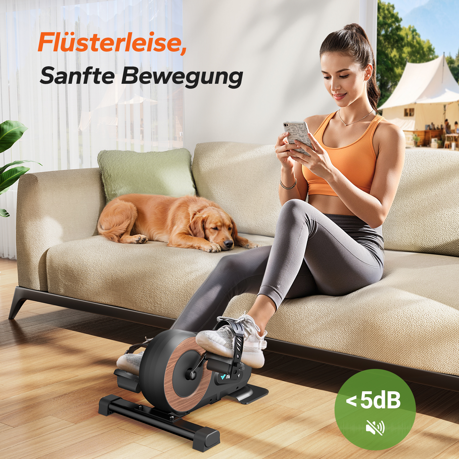 Frau auf Sofa mit Handy, Hund schläft, Mini-Heimtrainer daneben.