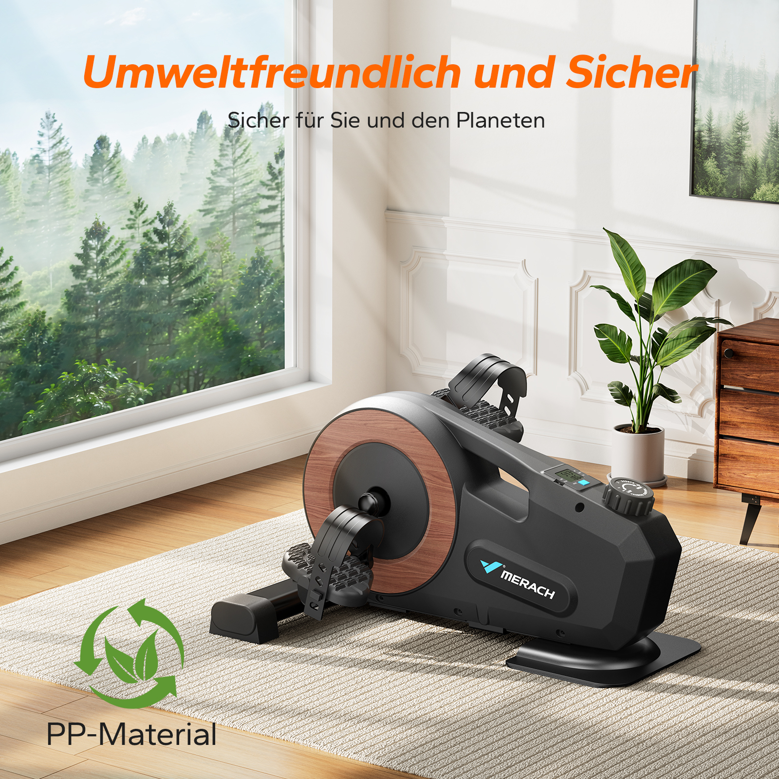 Ein schwarzes Heimtrainingsgerät mit Holzdetails steht auf einem Teppich vor einem Fenster mit Waldansicht.