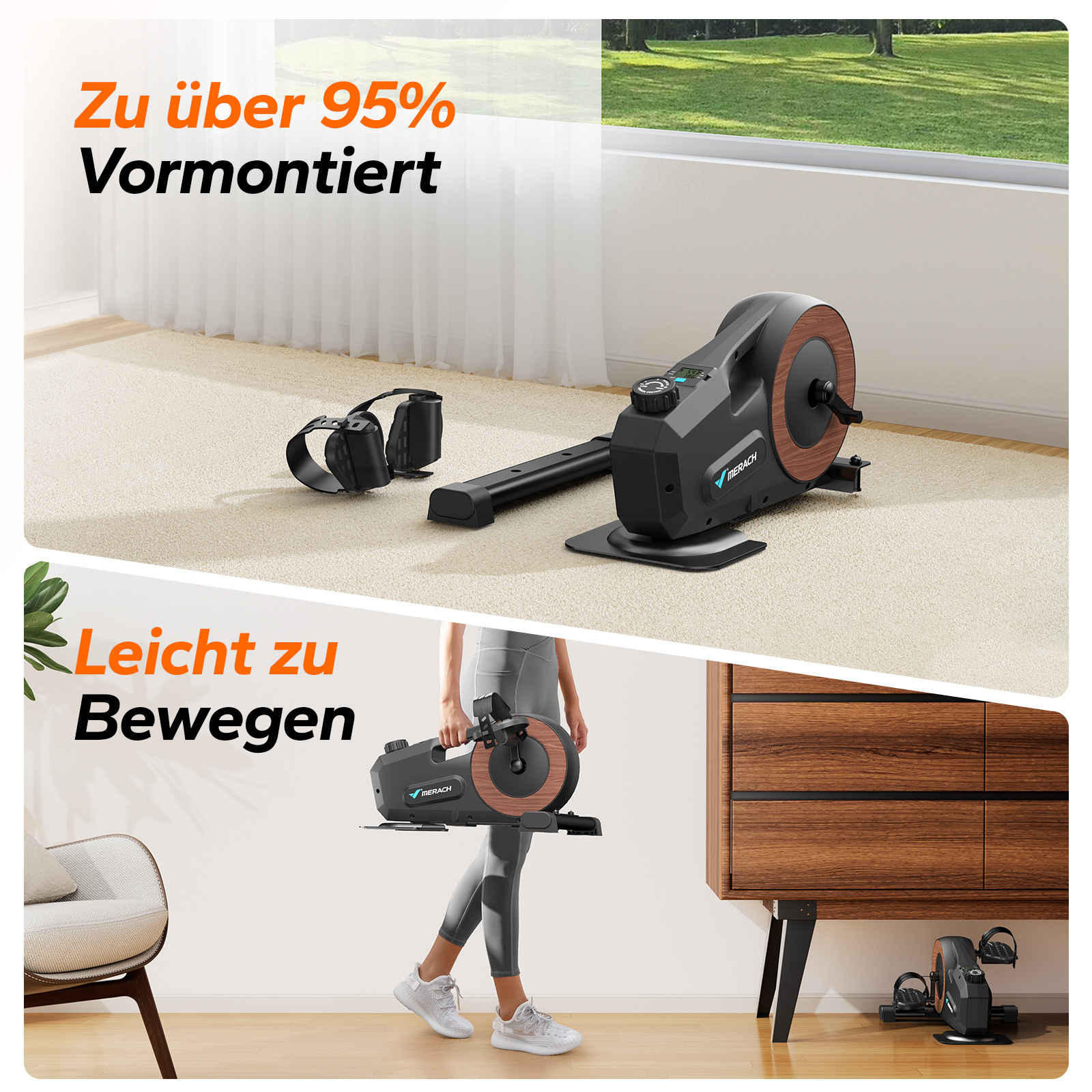 Ein schwarzer Heimtrainer mit Holzdetails, der auf einem Teppich steht. Daneben liegen Fußschlaufen.