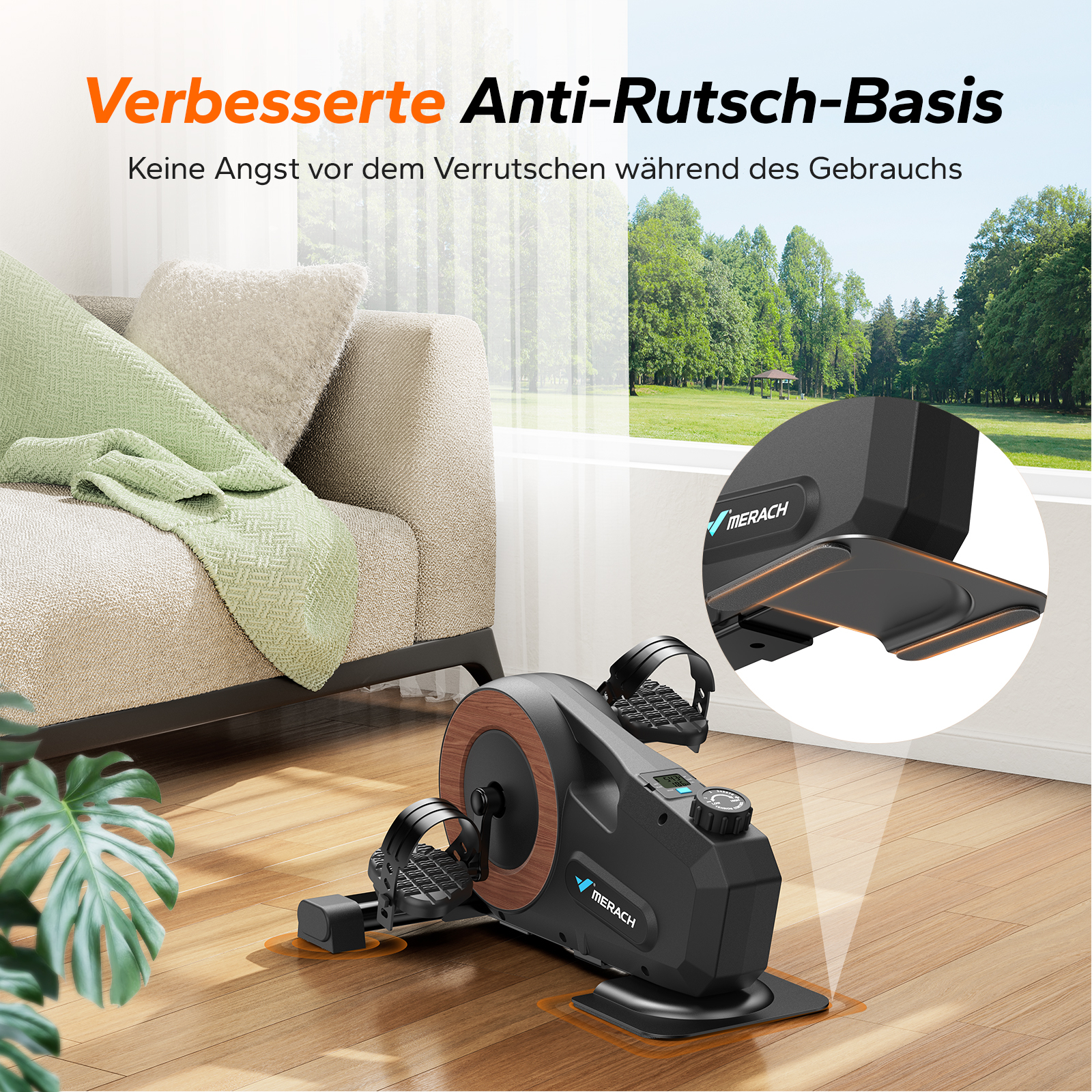 Ein schwarzer Heimtrainer mit Holzdetails steht auf einem Parkettboden.