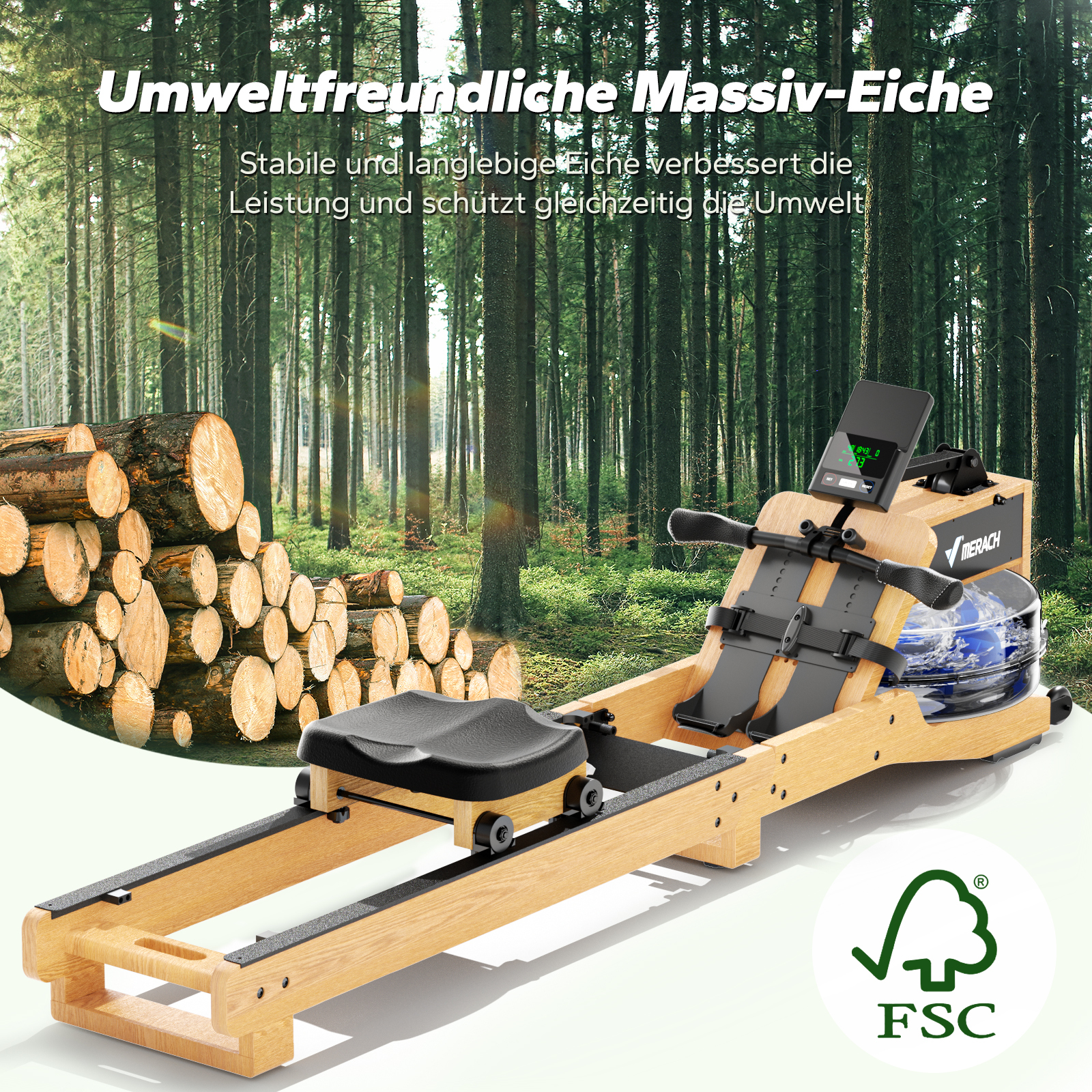 Una máquina de remo de madera frente a un bosque con pilas de troncos. Logo FSC.