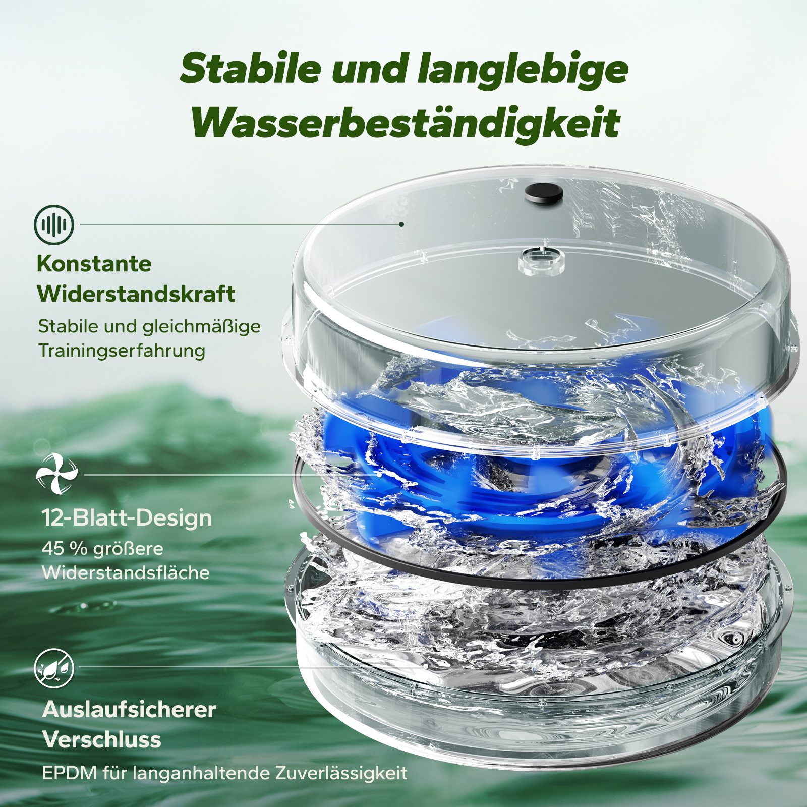 Máquina de ejercicio resistente al agua con rotor azul y diseño de 12 aspas.