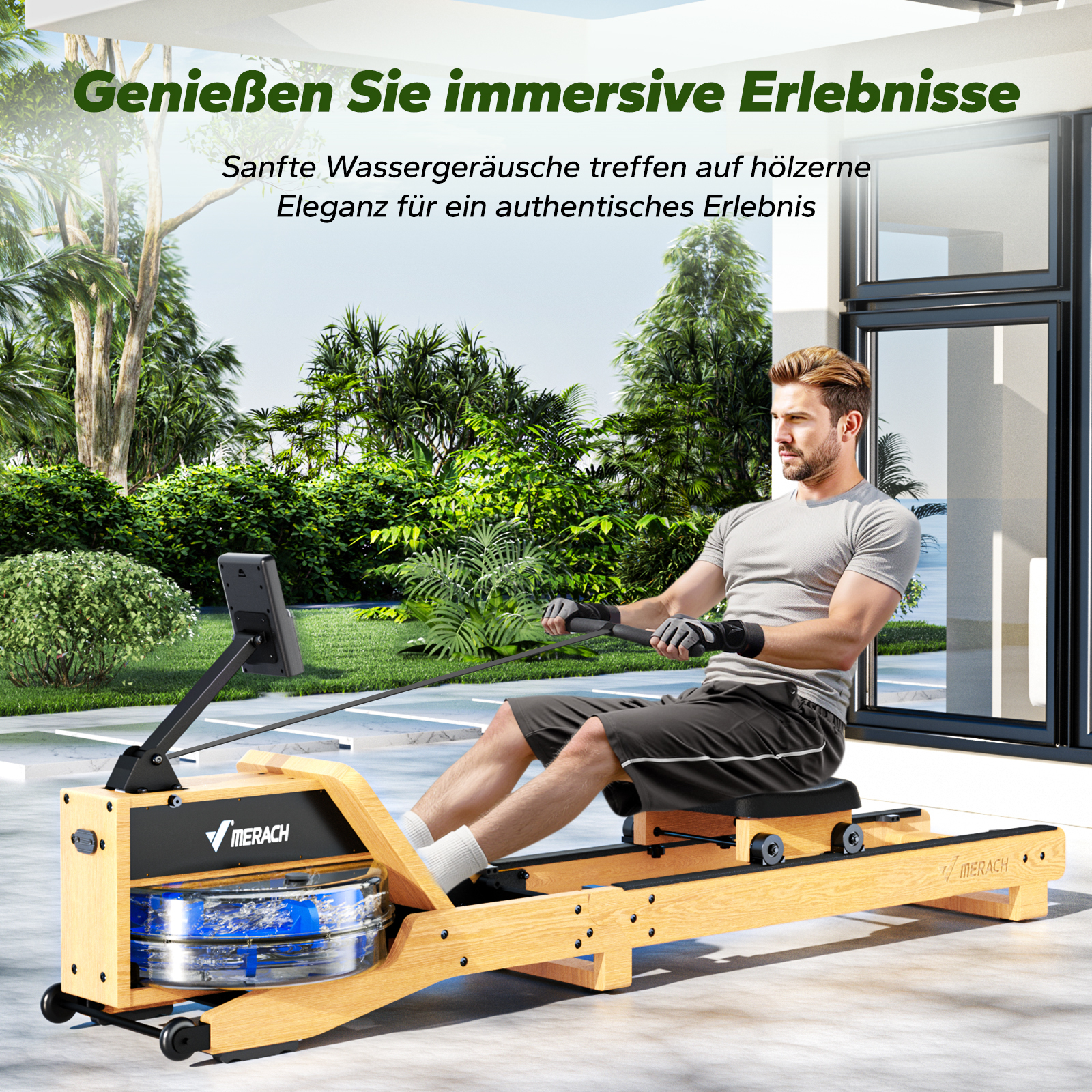 Hombre rema en máquina de remo de madera al aire libre con vegetación verde.