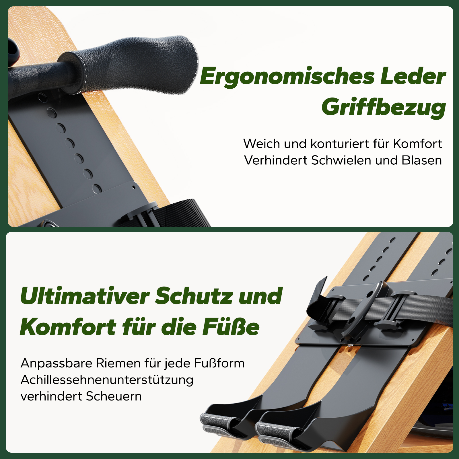Asa ergonómica de cuero y correas para pies para confort y protección.