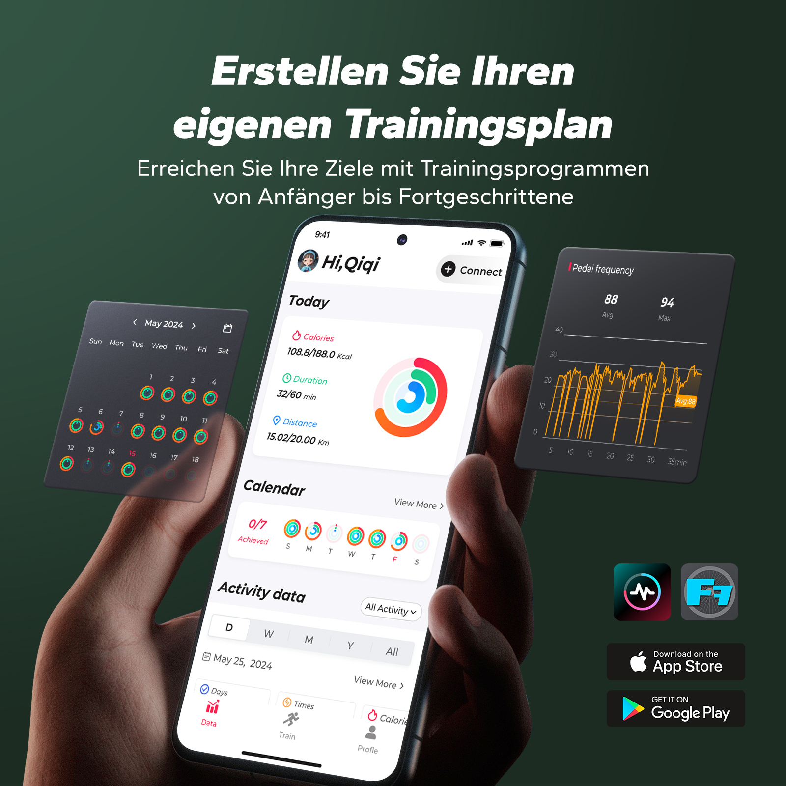 Manos sostienen un teléfono mostrando app de fitness con calendario, estadísticas y gráficos. Texto: Crea tu plan de entrenamiento.