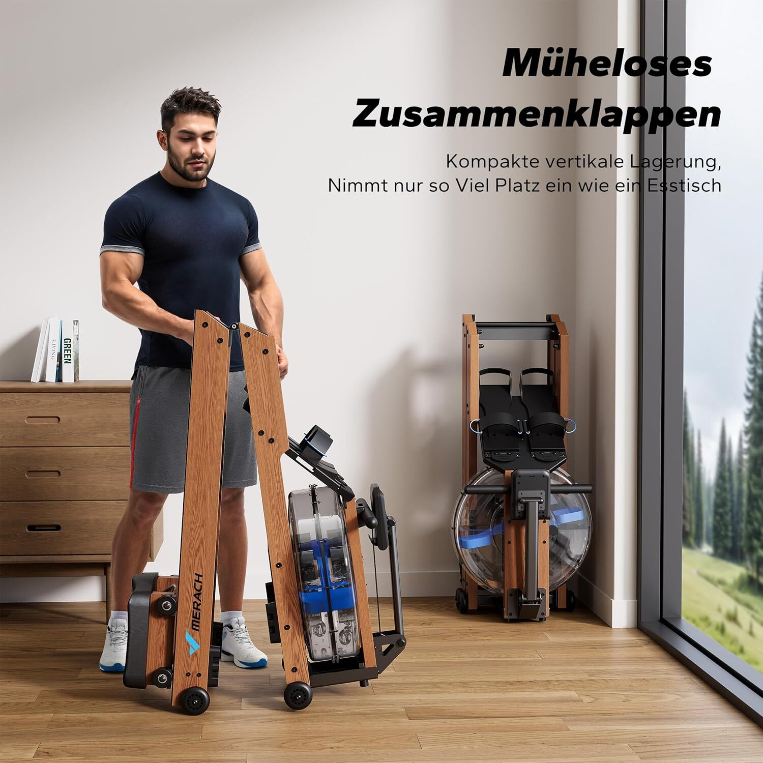 Ein Mann faltet einen Holzhgräber; daneben steht ein aufrechter Hantel.<lt/>/br<gt/>Kompakte Lagerung.