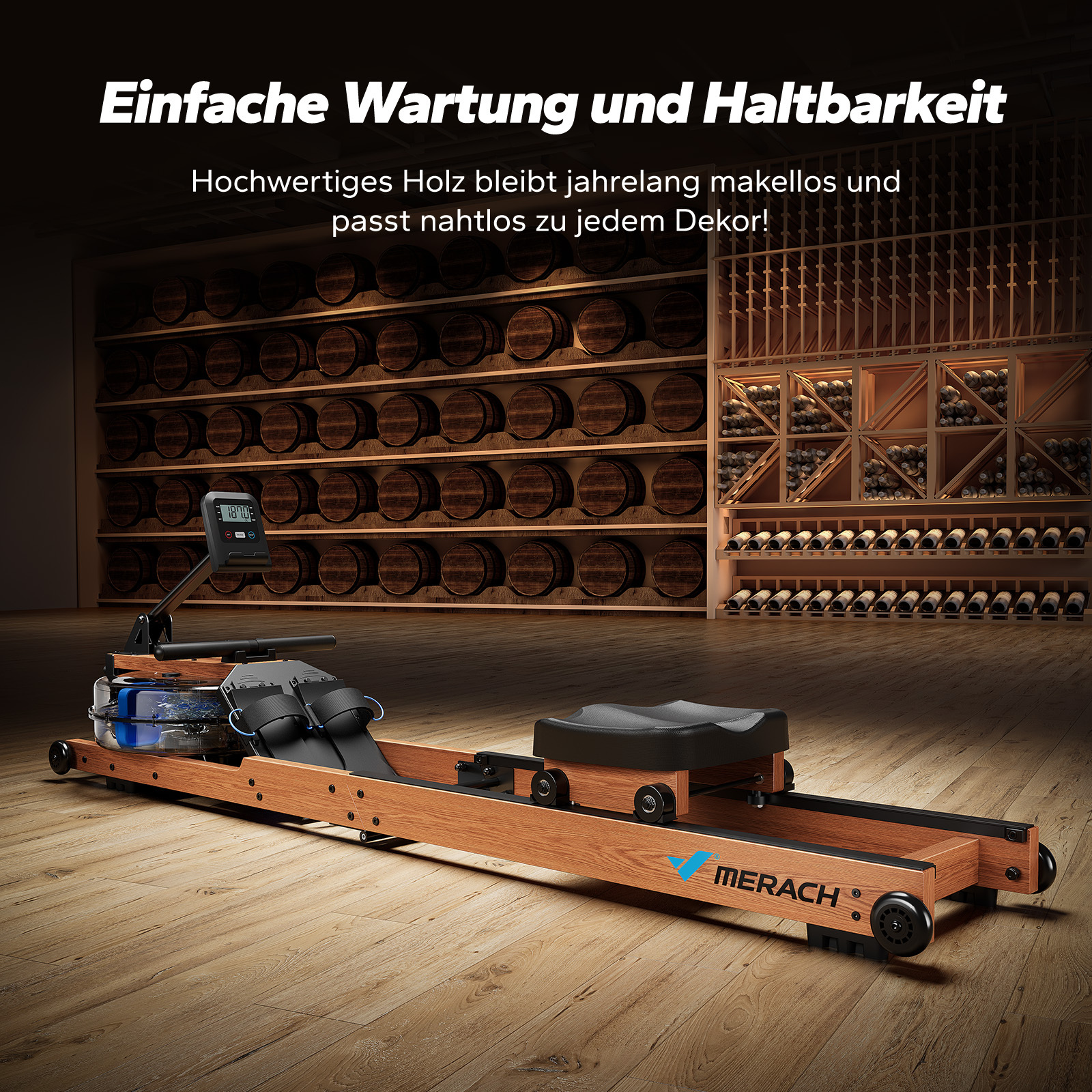 Ein Holz-Rudergerät mit Display steht vor Regalen mit Fässern und Wein.