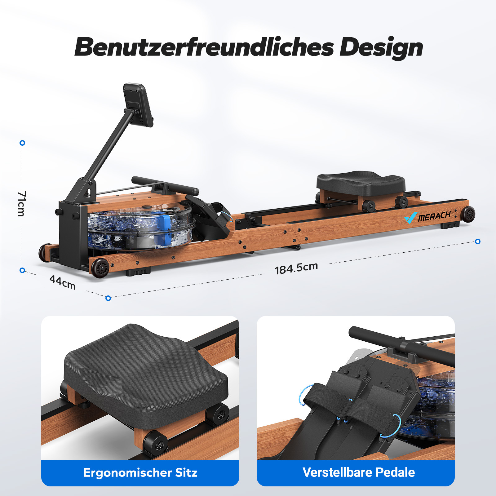 Ein Holz-Rudergerät mit einem Wassertank, Sitz und verstellbaren Pedalen.